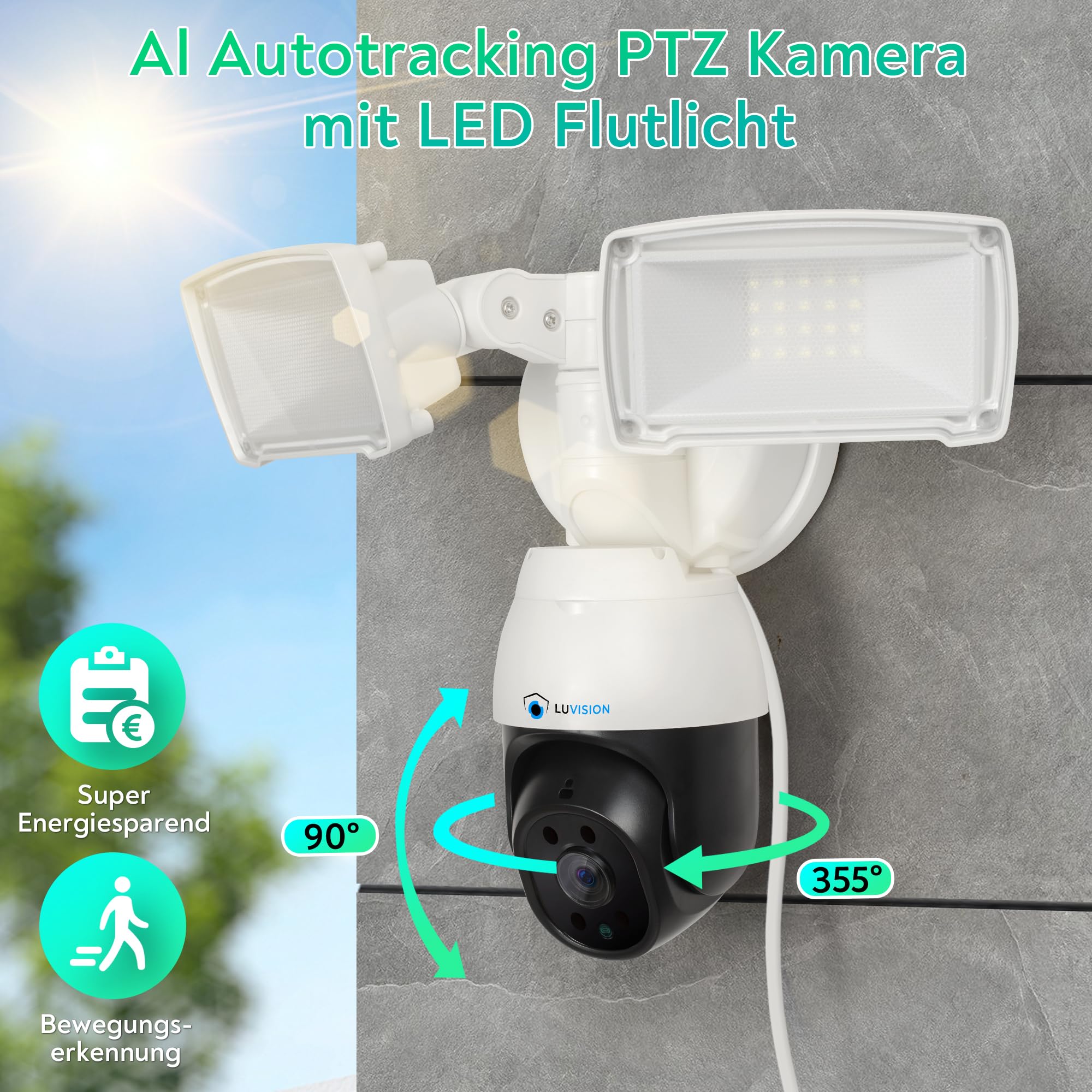 WLAN Überwachungskamera | Sicherheitskamera mit Nachtsicht | Lampe Flutlicht | Kamera Außen Beleuchtung | mit AI Bewegungsverfolgung & App-Steuerung | Smart Home Sprechanlage (mit Netzteil)