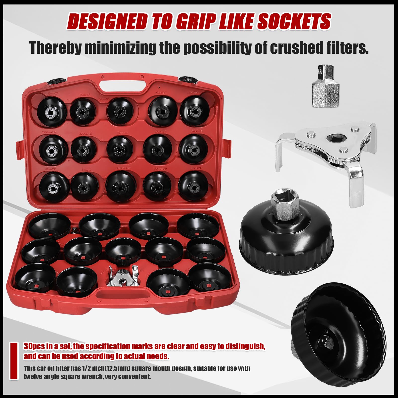 Lot de 30 clés à douille de retrait de filtre à huile 1/2" 12,5 mm - Kit d'outils de retrait de filtre à carburant de voiture - Accessoires d'entretien et de réparation de voiture
