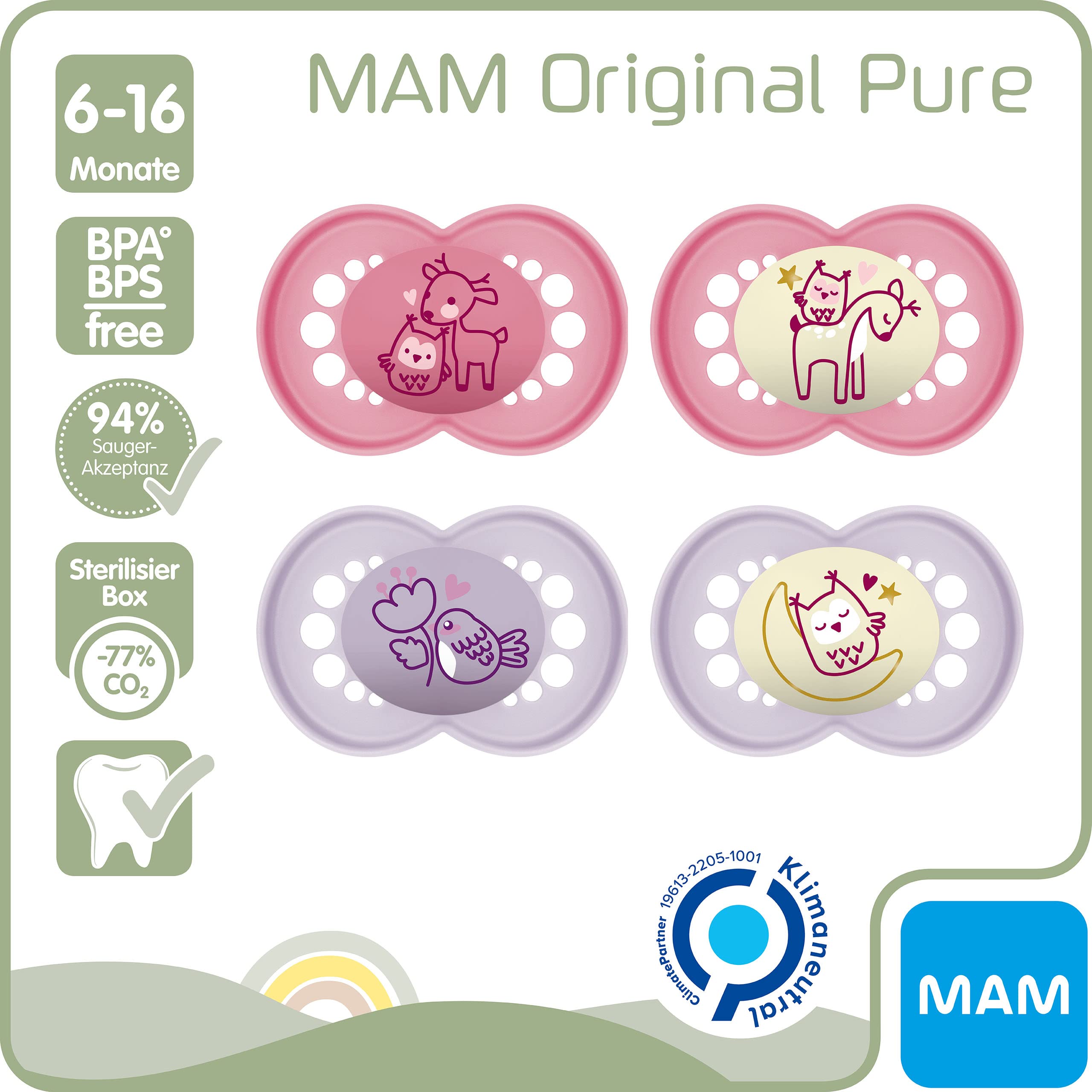 MAM Original Day & Night Set 4 Ciucci 0-6 Mesi – Sostenibili, Con Tettarella SkinSoft E Scatola Sterilizzante (Orso, Lontra, Coniglio, Luna)