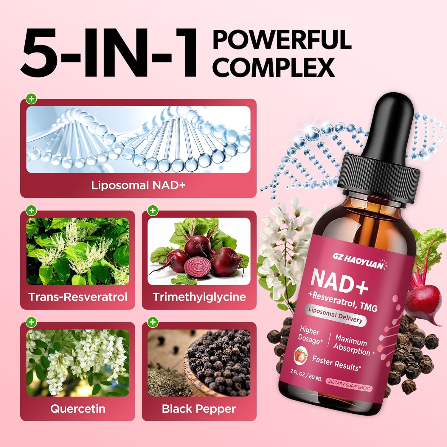 NAD Liquid Supplement for Women, Liposomal NAD+ Drops 1200MG with NAD Plus Resveratrol, Tmg, Quercetin, Anti-Aging, Cell Regeneration, Energy & Metabolism Support, Strawberry Flavor - Image 5