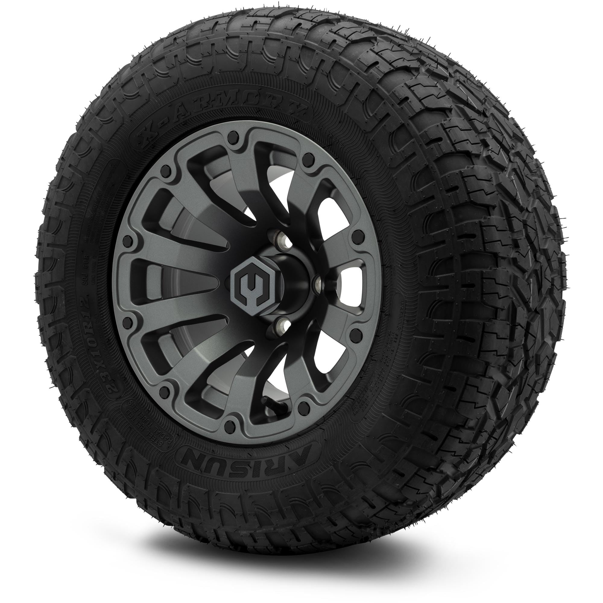 MODZ® Bomber Gunmetal 12" Golf Cart Wheels and Arisun X-Armory (23x10-R12) DOT Steel-Belted Radial Golf Cart Tires Combo - Set of 4