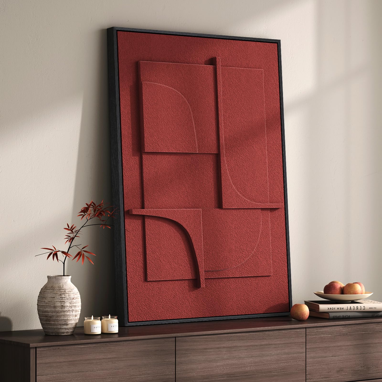 Framed 3D Abstract Wall Art, Modern Minimalist Geometric Textured Paintings Artwork for Walls, Red Terracotta Pictures for Living Room, Bedroom, Dining Room, Hallway Wall Decor 24x36 In