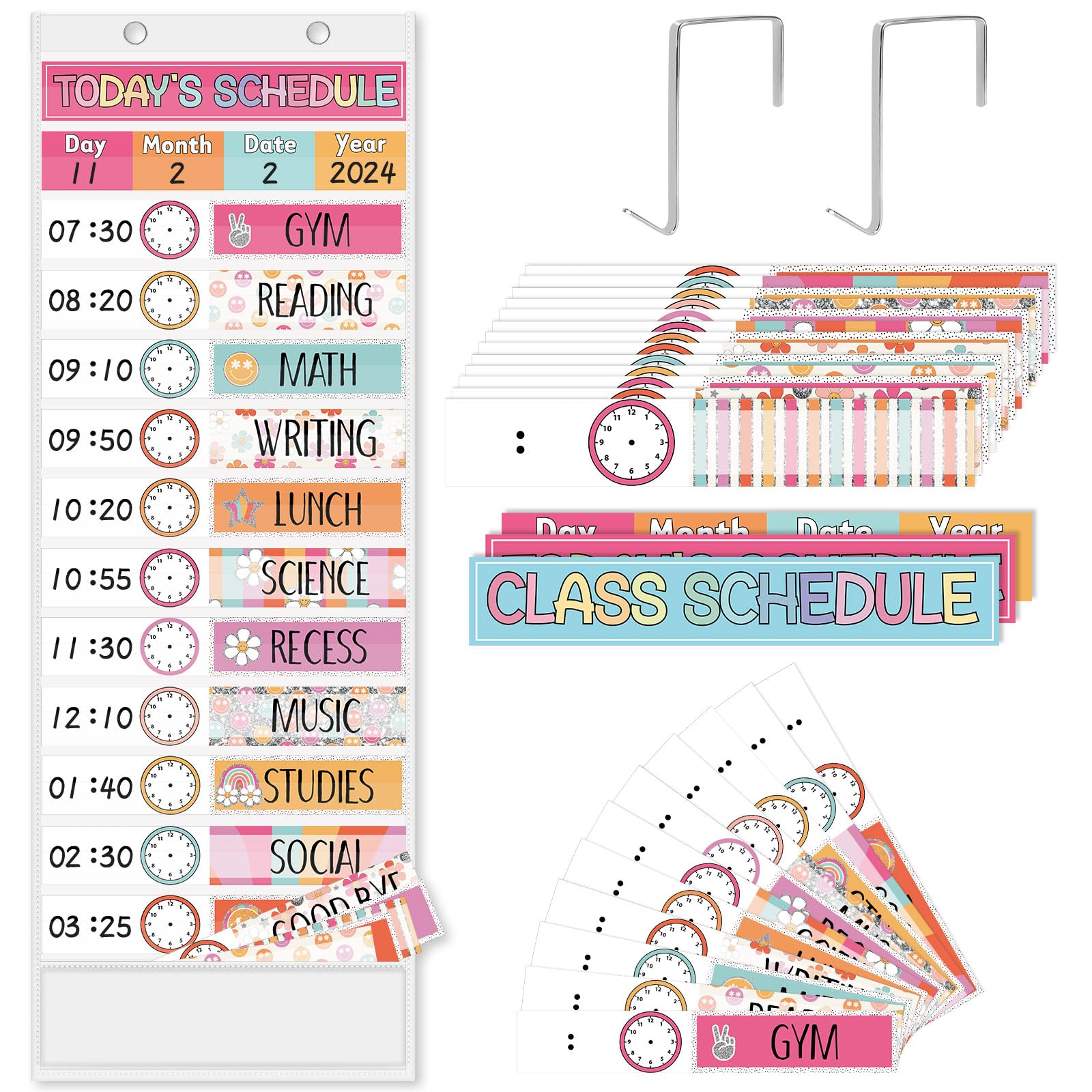 JarThenaAMCS Groovy Daily Schedule Pocket Chart 13 x 35.5 Inch Boho 13 + 1 Pockets Visual Schedule Chart Board with 24 Cards for School Classroom Home
