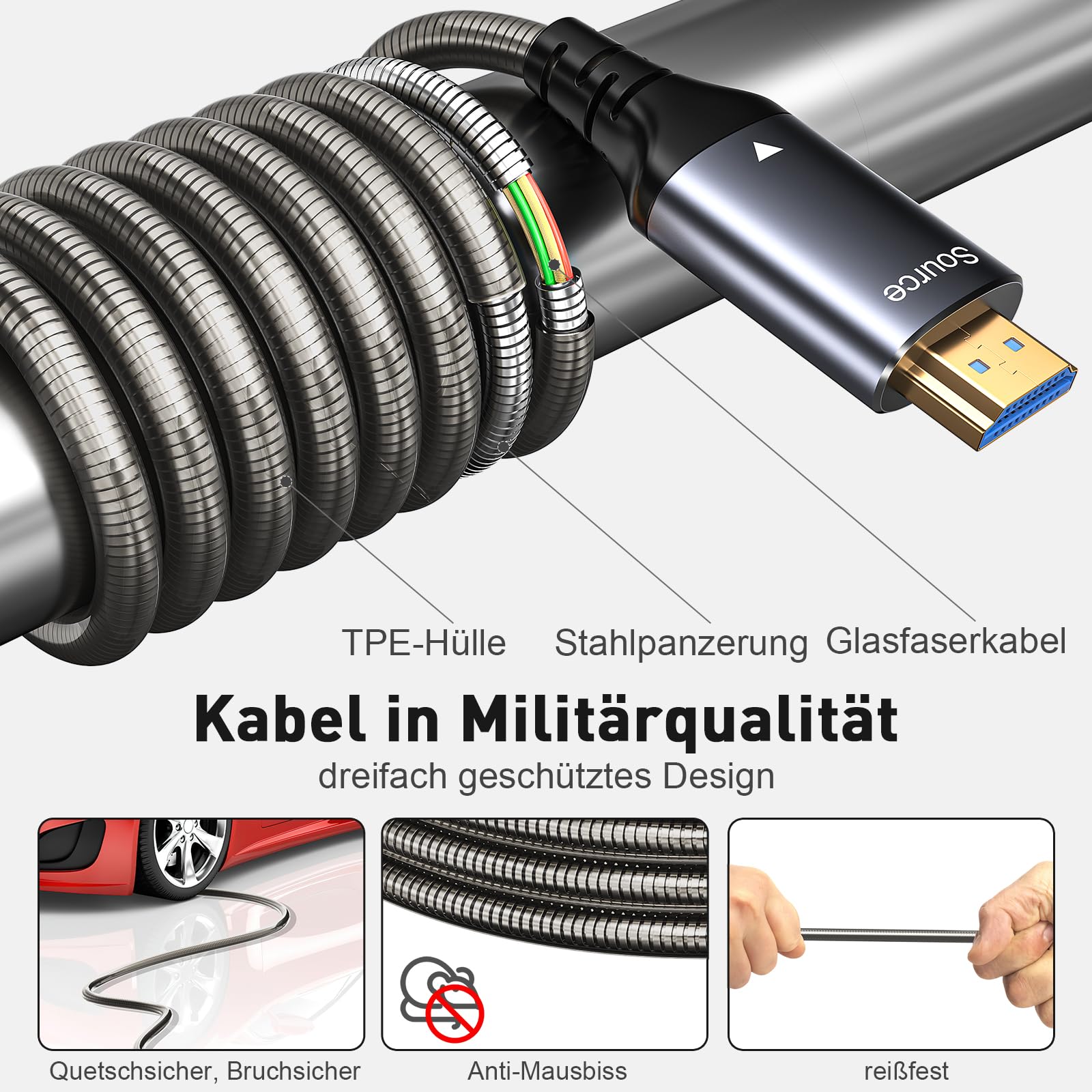 8K HDMI Glasfaserkabel 10M, Stahlpanzerung Optisch HDMI 2.1 Kabel 48Gbps Ultra High Speed 8K@60Hz 4K@120Hz Dynamic HDR eARC Dolby HDCP 2.2&2.3 für HDTV/Projektor/Heimkino/TV-Box/Gaming-Box/PS5