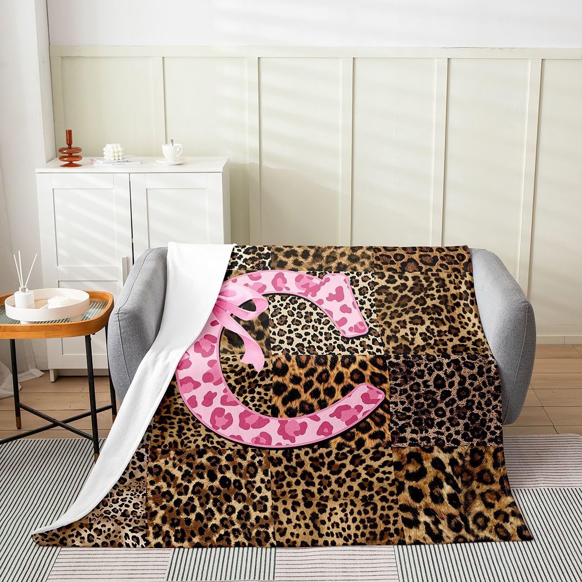 Erosebridal Initial Letter C Flannel Blanket Baby 30x40 Pink Girly Leopard Fleece Blanket Fashion African Cheetah Bow Fuzzy Plush Throw Brown Patchwork Cheetah Skin Living Room Decor