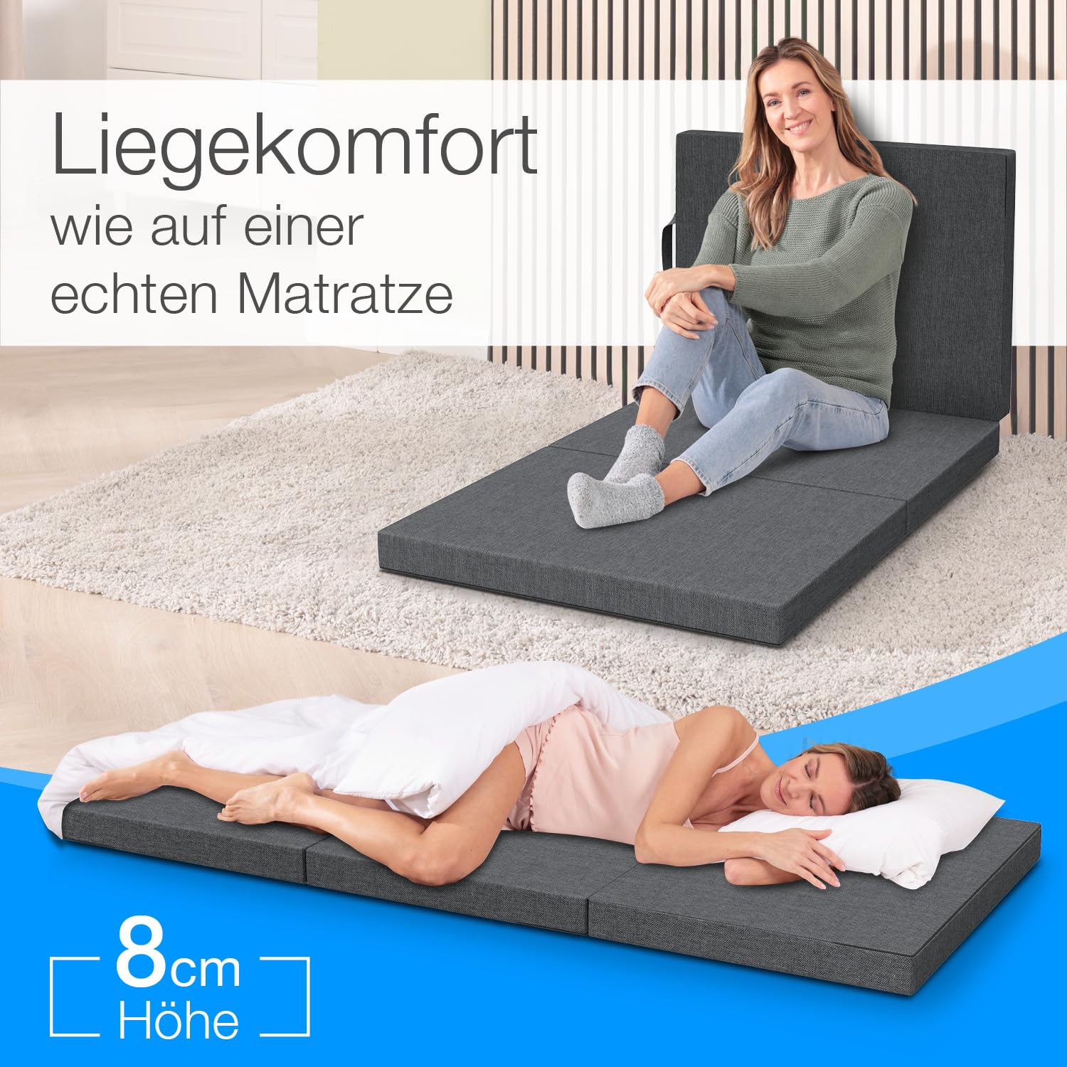 ELONEO Klappmatratze 75x200 cm, 8 cm hoch, Gästematratze klappbar, Faltmatratze, Faltbare Matratze, Bandscheibenwürfel, Reisematratze, Gästebett klappbar, Klappbett waschbar