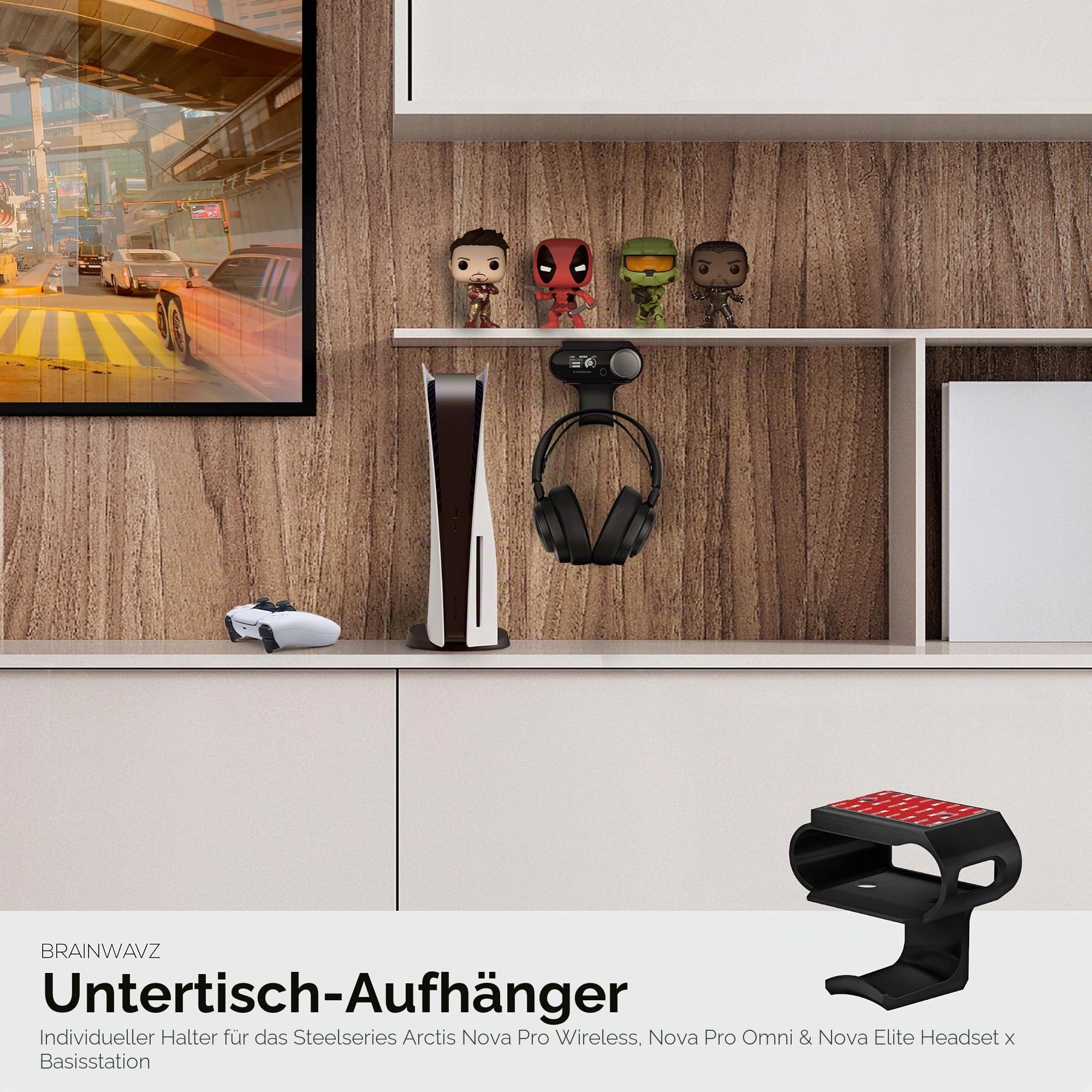 BRAINWAVZ Untertisch-Kopfhörer-Aufhänger für Steelseries Arctis Nova Pro kabellose Headsets mit Dock für die kabellose Basisstation (HPS02)