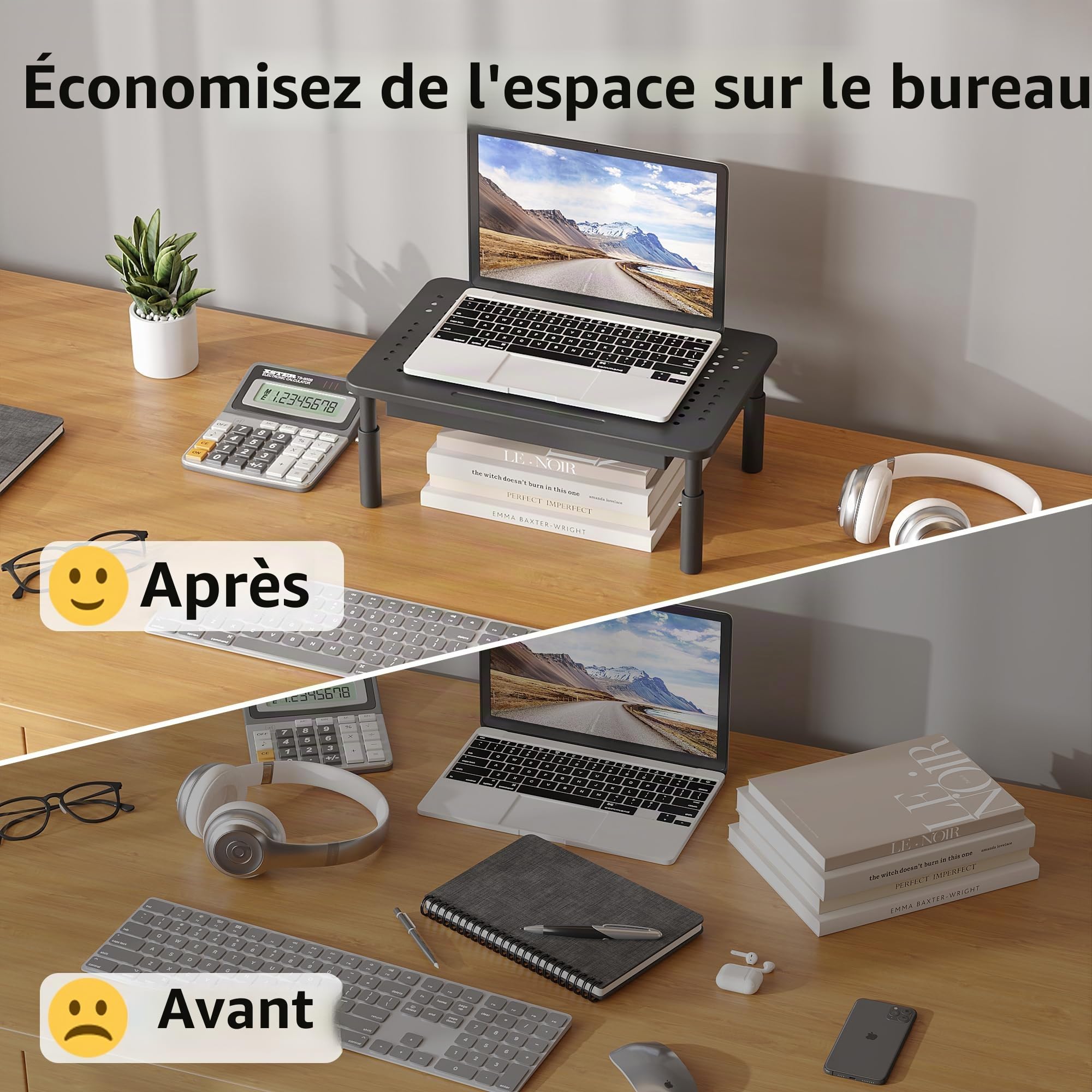 BONTEC Support Moniteur avec Tiroir, 3 Hauteurs Réglables pour Moniteur PC, Rehausseur Ecran pour Bureau avec Plate-Forme en Maille pour, Ordinateur Portable, PC, Imprimante jusqu'à 20 kg