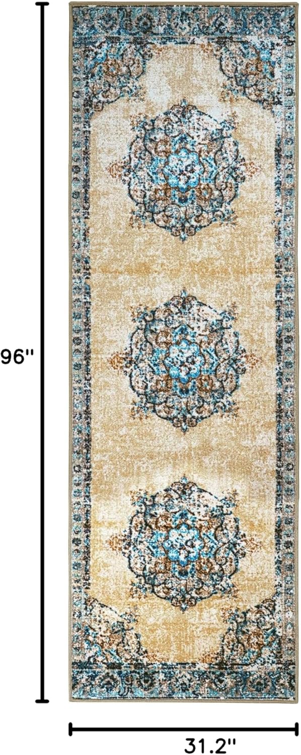 Superior Indoor Non-Slip Runner Rug, Floral Floor Decor, For Living Room, Bedroom, Kitchen, Dining, Decklan, 2' 7" x 8', Cream
