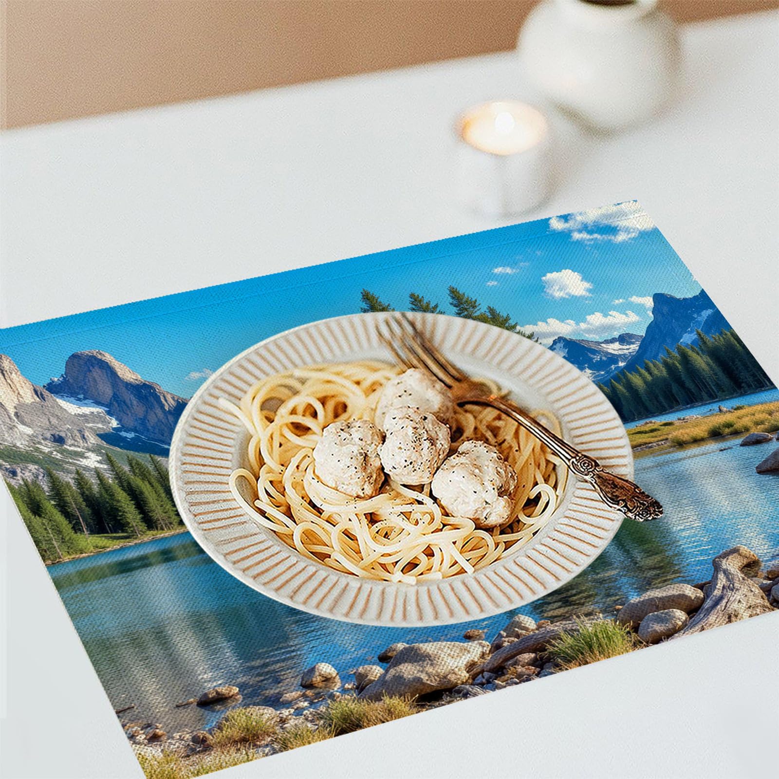 Set di 8 Tovagliette Americane Lavabili Cotone Lino Paesaggio Naturale - Tovaglietta Americana Stoffa Resistenti al Calore Durevole Catene Montuose Cime Innevate- per Colazione Pranzo