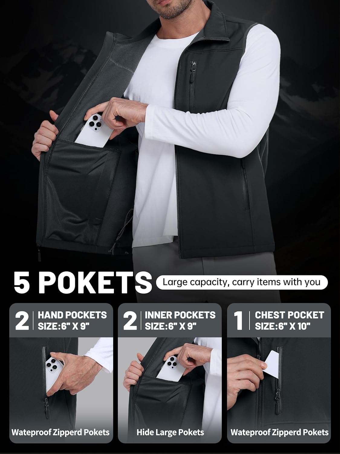 Mens Waterproof Golf Vest Fleece Lined Warm Outerwear Softshell Windproof Sleeveless Lightweight Winter Jacket - Image 4