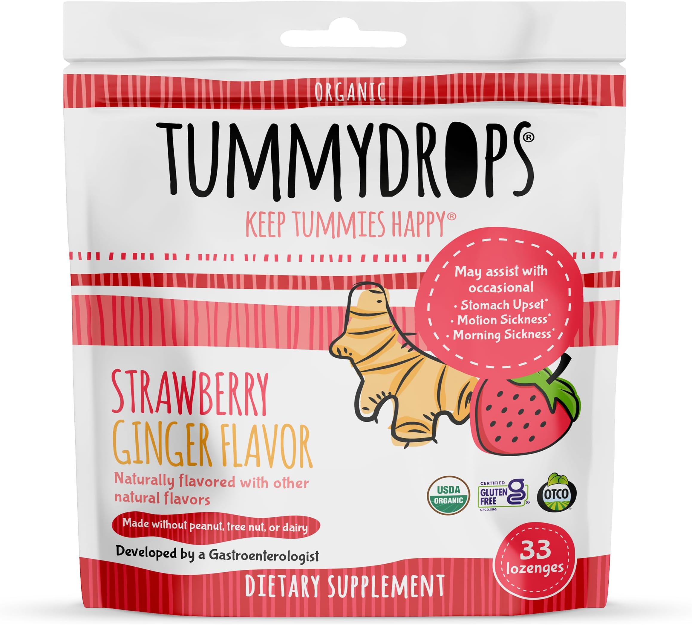 USDA Organic Strawberry Ginger Tummydrops, Gluten Free & Vegan, 33 Individually Wrapped Organic Ginger Lozenges