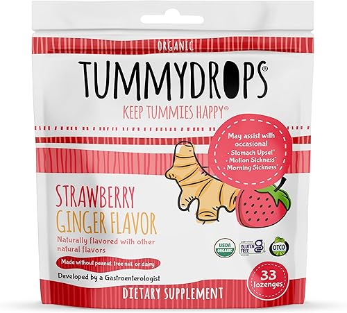 Gotas orgánicas de jengibre y fresa USDA sin gluten y veganas, 33 pastillas de jengibre orgánicas envueltas individualmente