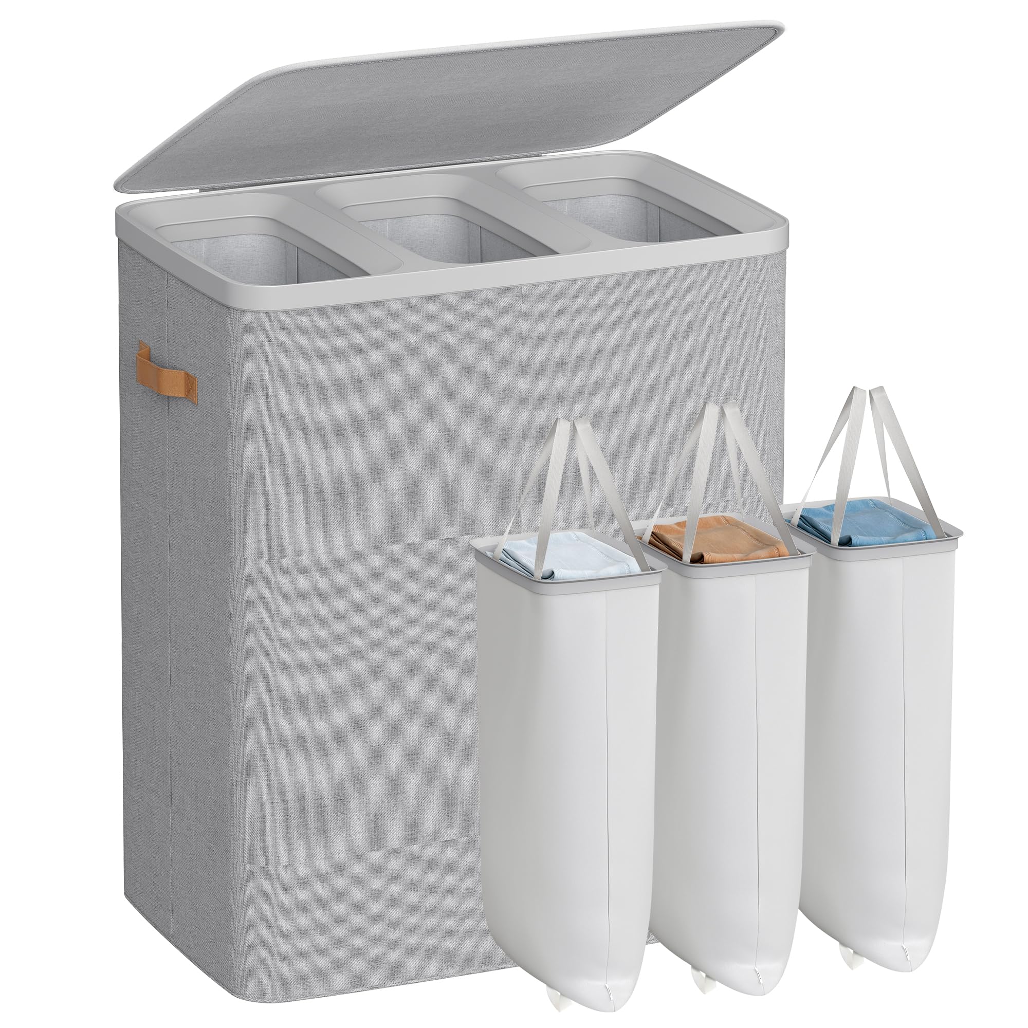 Laundry basket with dual compartments and removable liners, Dove Grey / 190 L