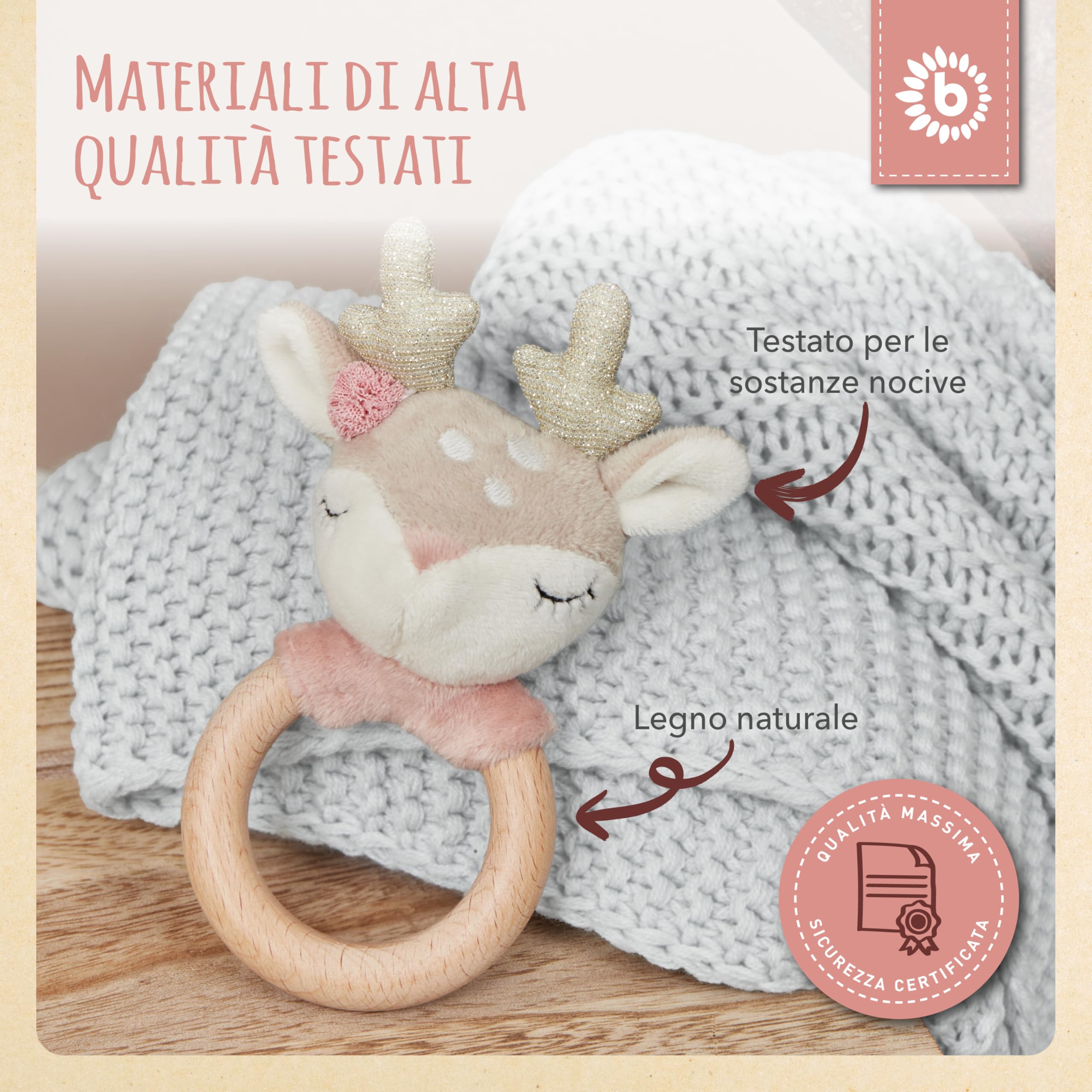 Bieco Sonaglio ad anello per neonati | Cervo Ø 10 cm | Lunghezza 17 cm | Sonaglio giocattolo con anello in legno | Giocattoli sensoriali | Giocattoli per bambini 0-6 mesi | Sonaglio in tessuto |