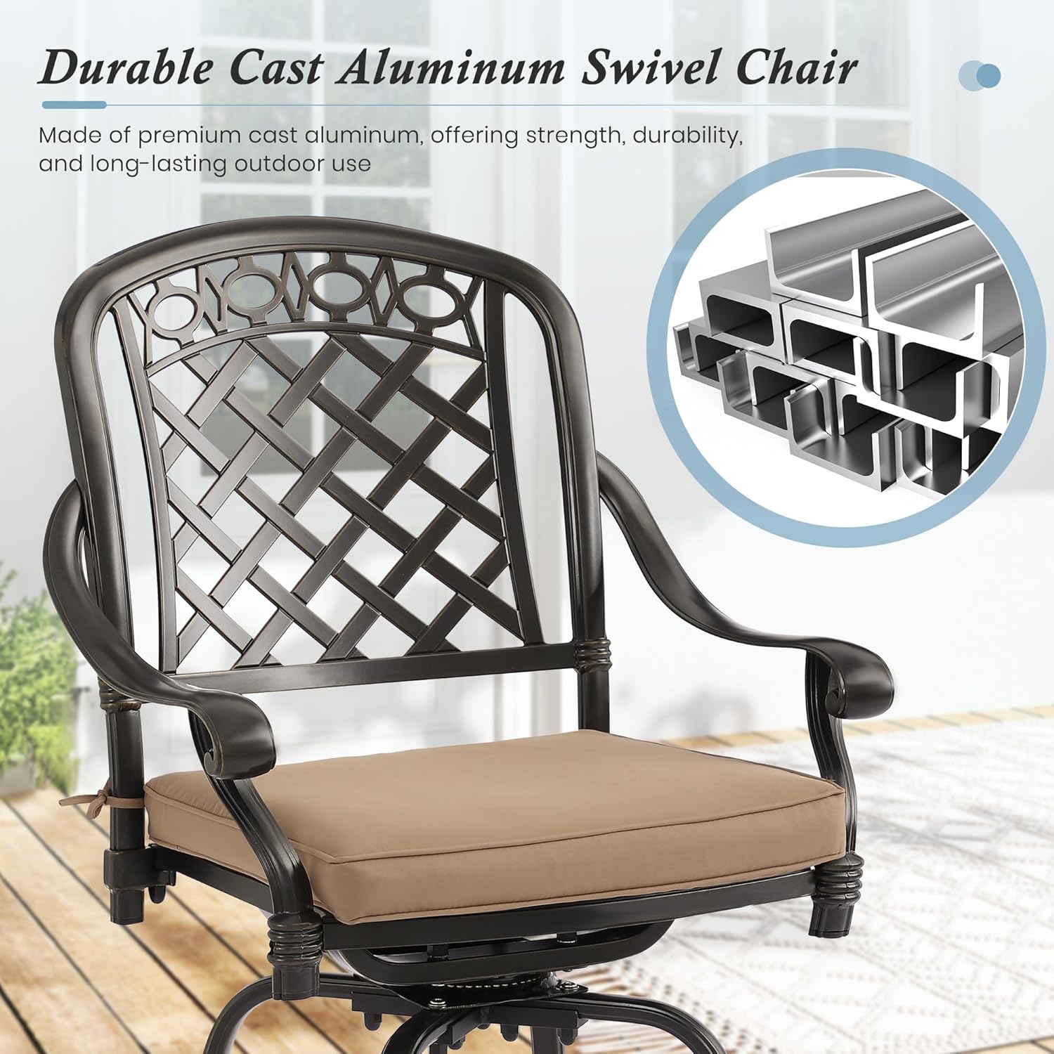 Cast Aluminum Swivel Bar Stools, All-Weather Patio Height Bartools Chair Sets with Cushions for Garden, Backyard, Poolside, Bistro (2 Pieces)