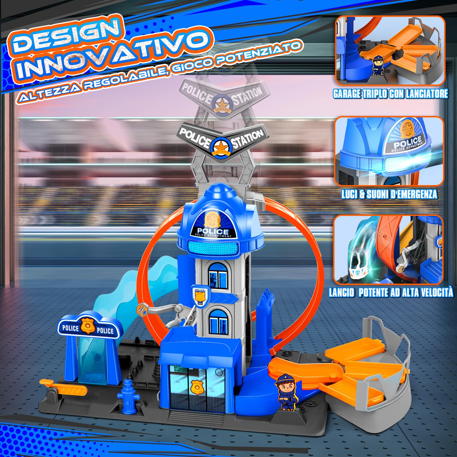 Charmofun City Commissariato di Polizia con Super Loop, Set Pista per Macchinine con 4 Macchinine, 3 Parcheggi, Piste con Ascensore e Luci e Suoni, Circuito a Lancio Giocattolo per Bambini dai 4 Anni