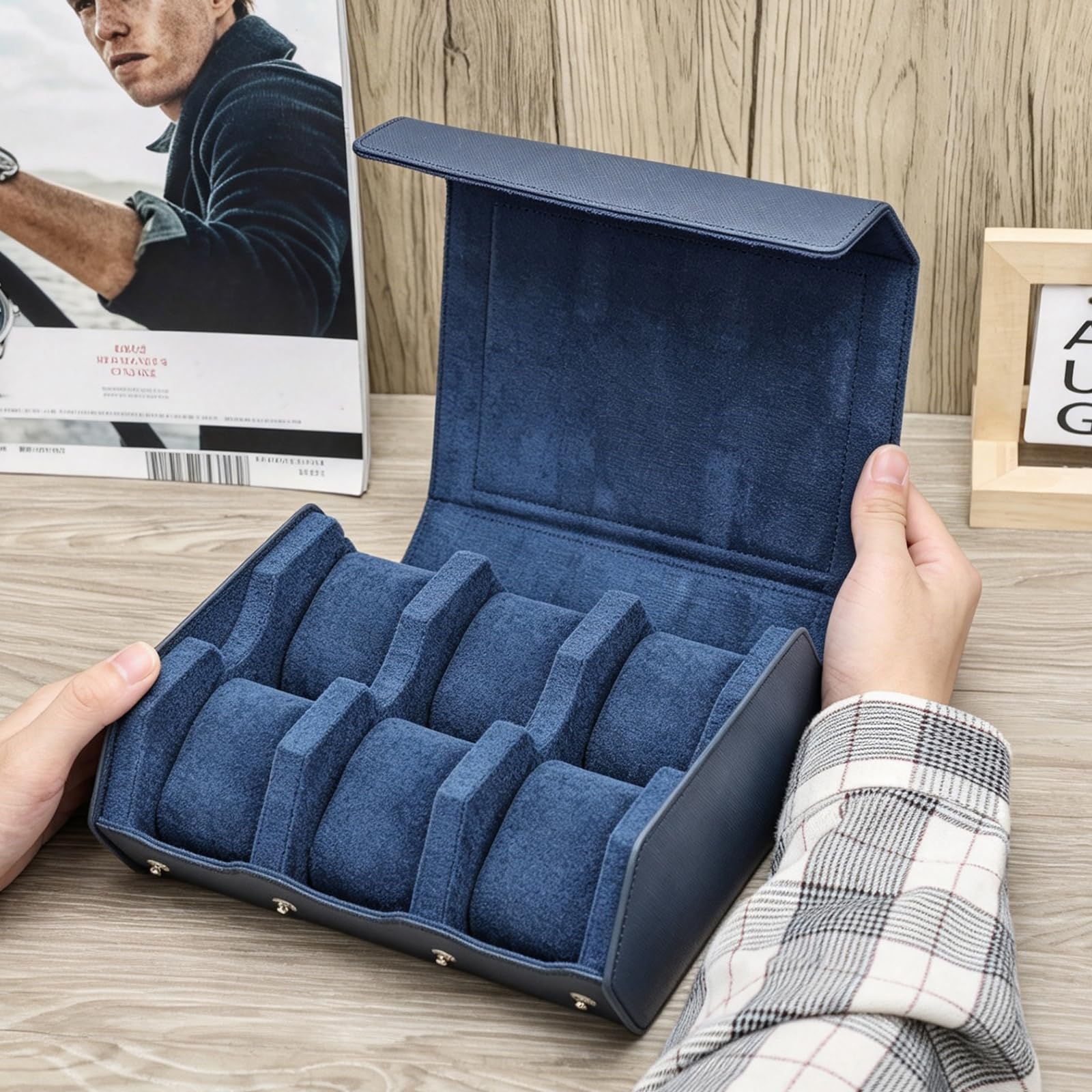 Hiram Hexagon etui na zegarek, prawdziwa skóra saffiano, pudełko na 6 zegarków, skórzane 6 przegródek, ochronne etui do przechowywania, organizer na zegarek dla mężczyzn (niebieski)