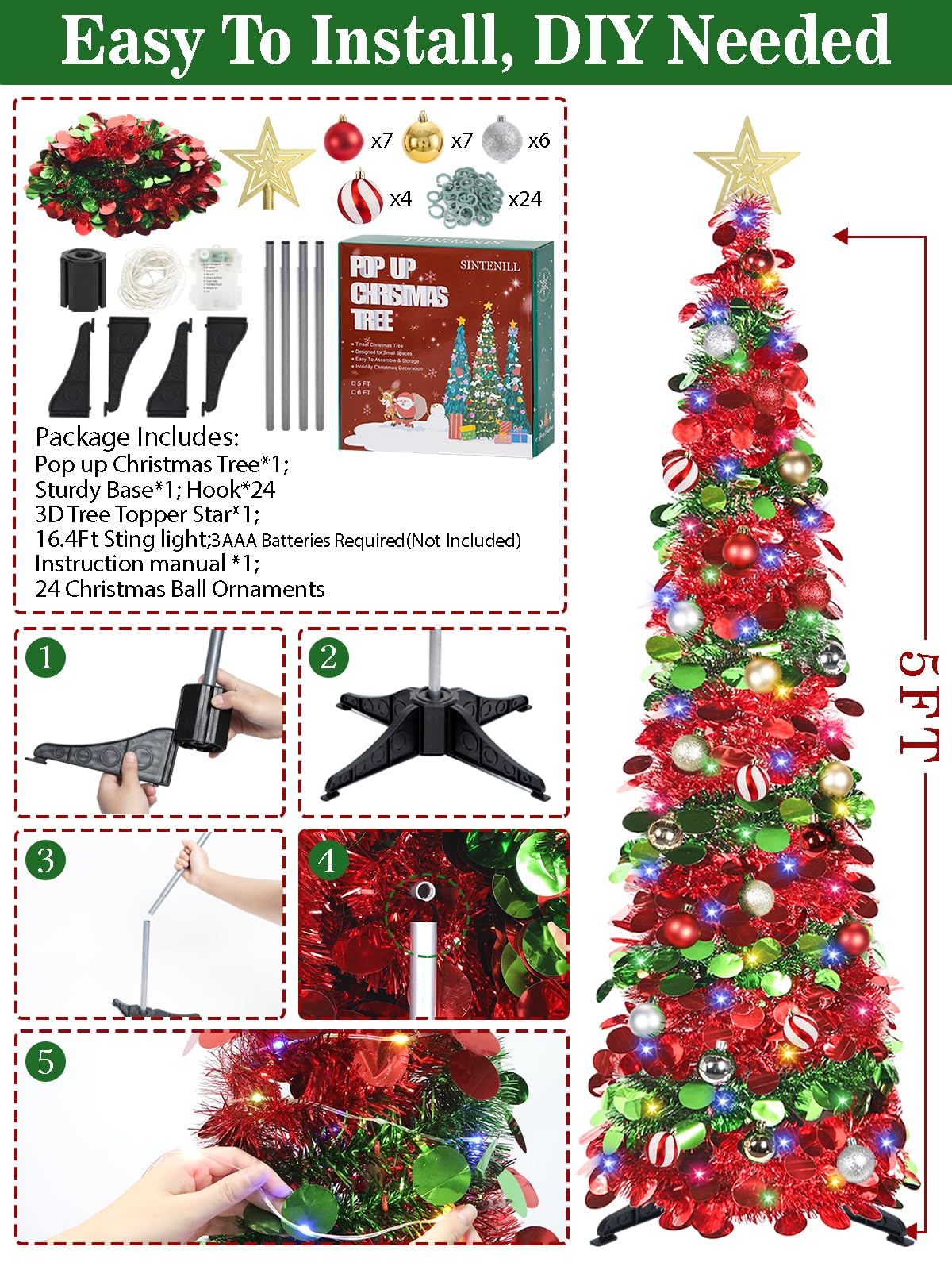 Árbol de Navidad desplegable de 5 pies con luces de temporizador y decoraciones, árbol de Navidad de oropel rojo y verde con 24 adornos de bolas, árbol de Navidad plegable para el hogar,