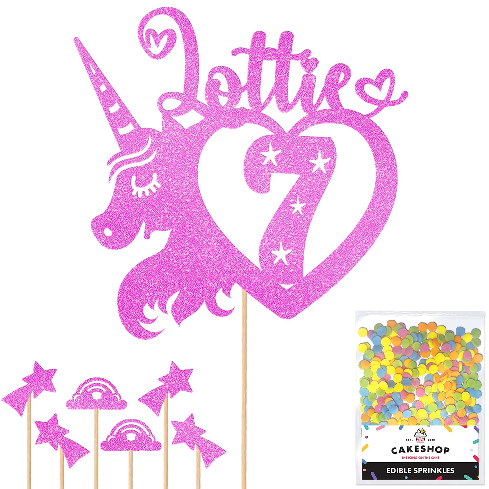 Personalised Unicorn Heart Glitter Cake Topper- Light Pink Any Custom Age & Name Glitter Cake Decoration and Sprinkles - Happy Birthday Decorations - Personalised Toppers for Cakes by Cakeshop โ image 1