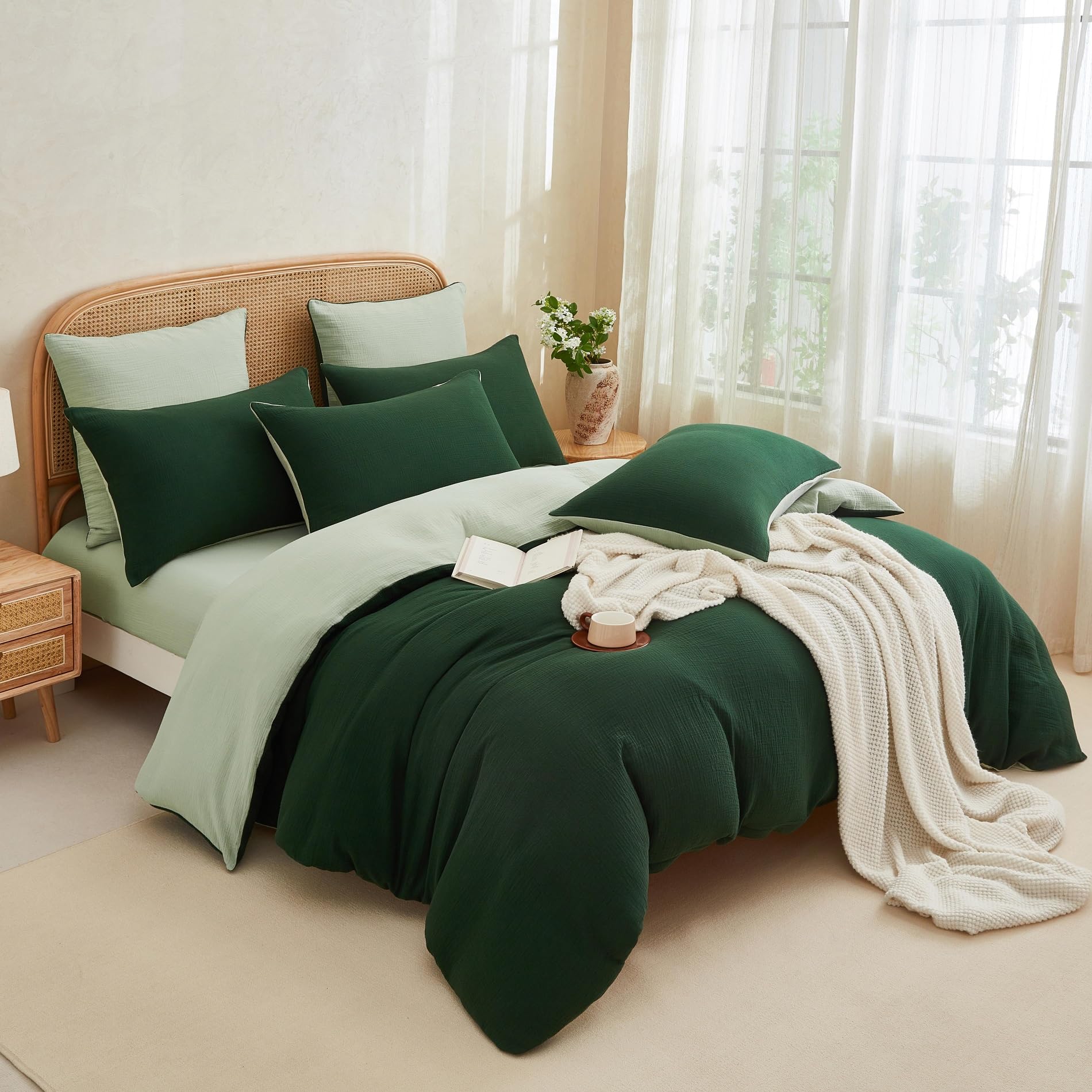 Housse de couette gaze de coton 200x200 vert foncé pour ambiance chambre nature