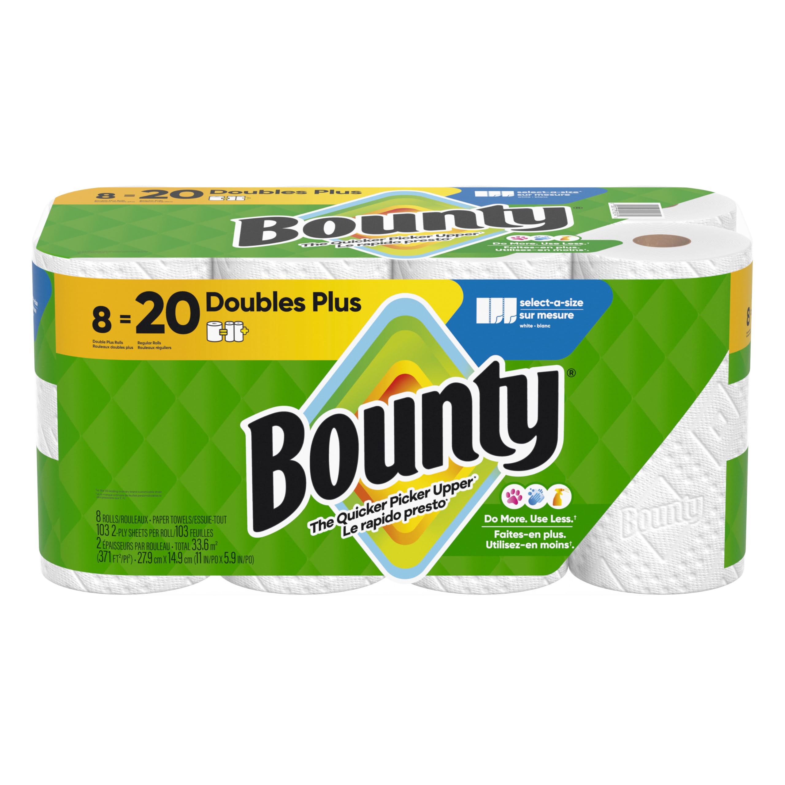 Bounty Paper Towels Select-A-Size, White, 8 Double Plus Rolls = 20 Regular Rolls