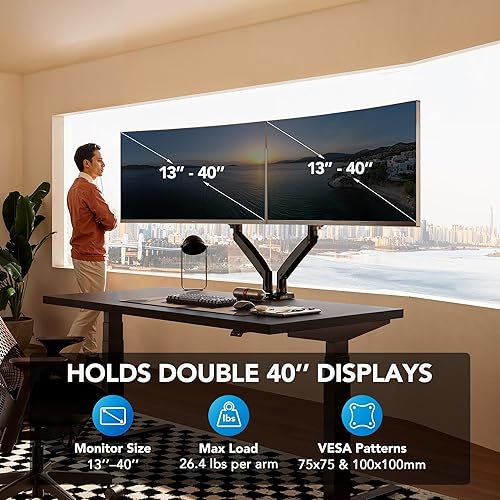 Miniatura 2 de HUANUO Soporte de monitor doble para 13 a 40 pulgadas, soporte de monitor doble premium con USB, soporte de monitor de altura ajustable para 2