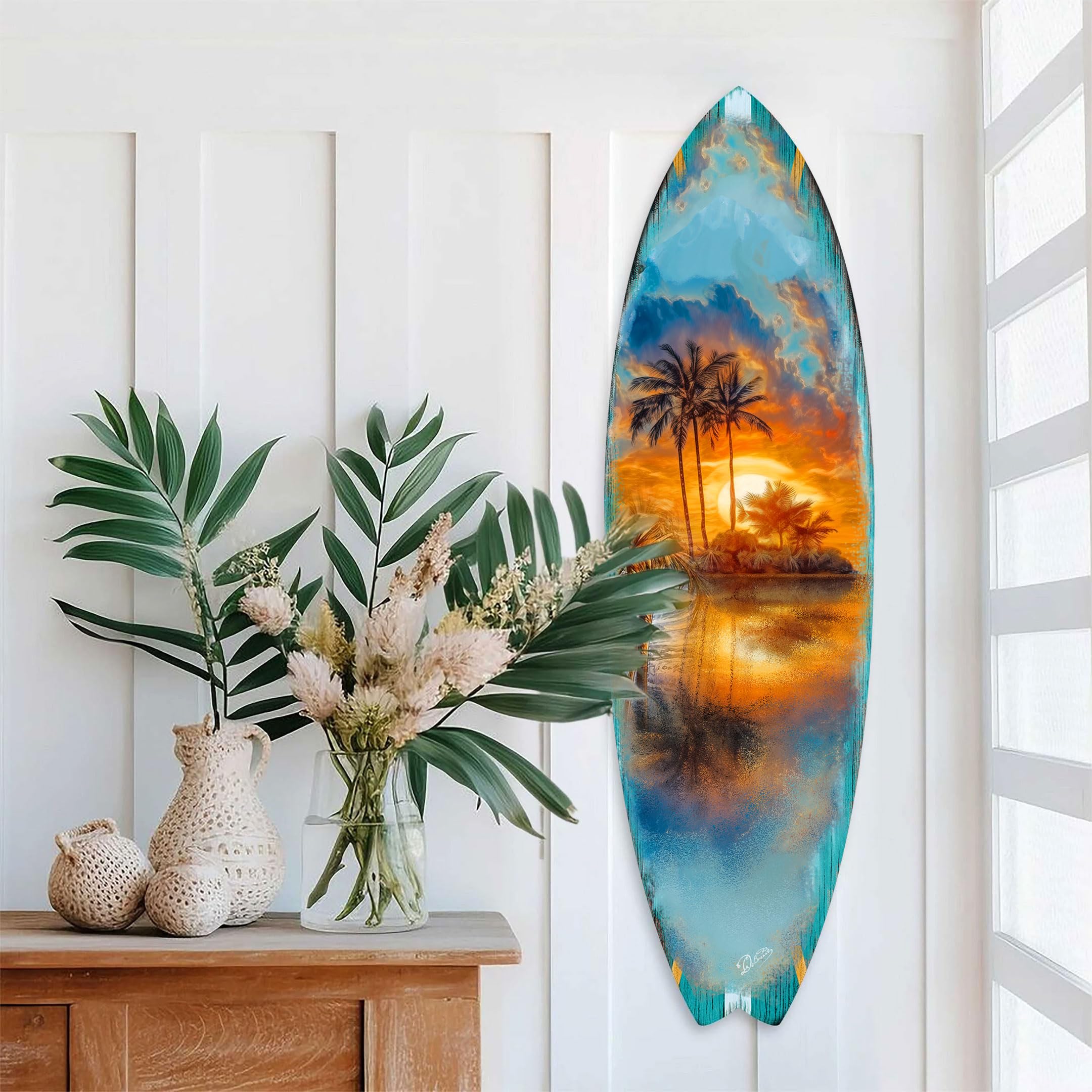 Tropical Sunset Surfboard Wall Art – Coastal Beach House Decor – Handcrafted Nautical Surfboard Wall Sign – Indoor & Outdoor Coastal Wall Art –