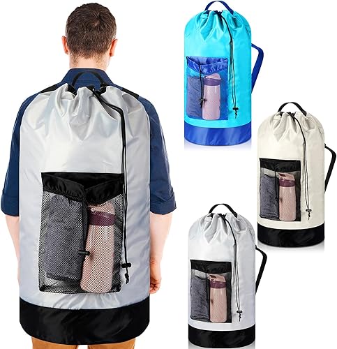 Sweetude Mochila grande de lavandería de 3 piezas para la universidad, viajes, apartamento con correas para el hombro y bolsillo de malla, bolsa de