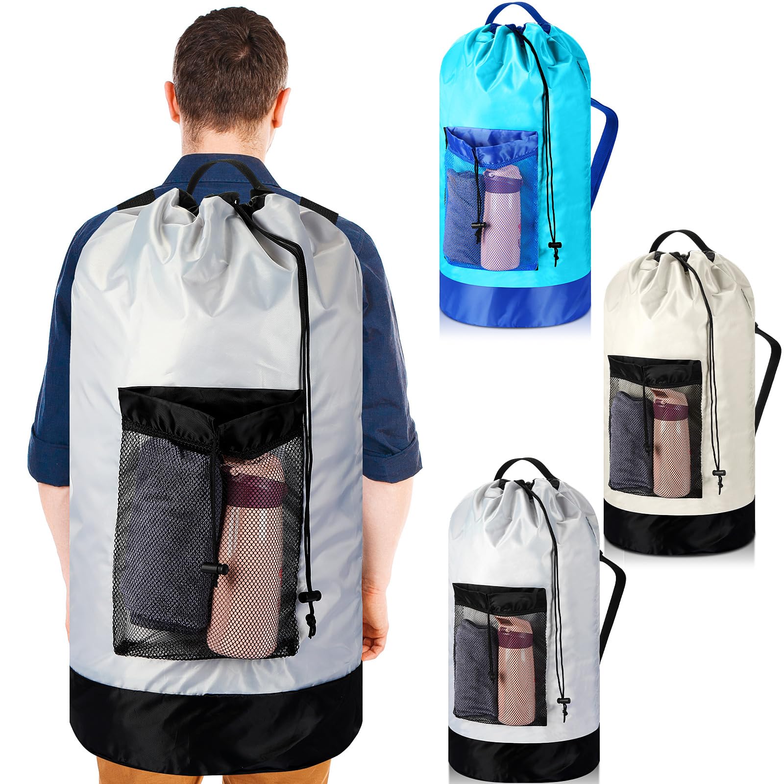 Sweetude 3 Pcs Large Laundry Backpack Bag for College, Travel, Apartment with Shoulder Straps and Mesh Pocket Heavy Duty Laundry Bag Dorm Hamper with Drawstring (Blue, Khaki, Gray)