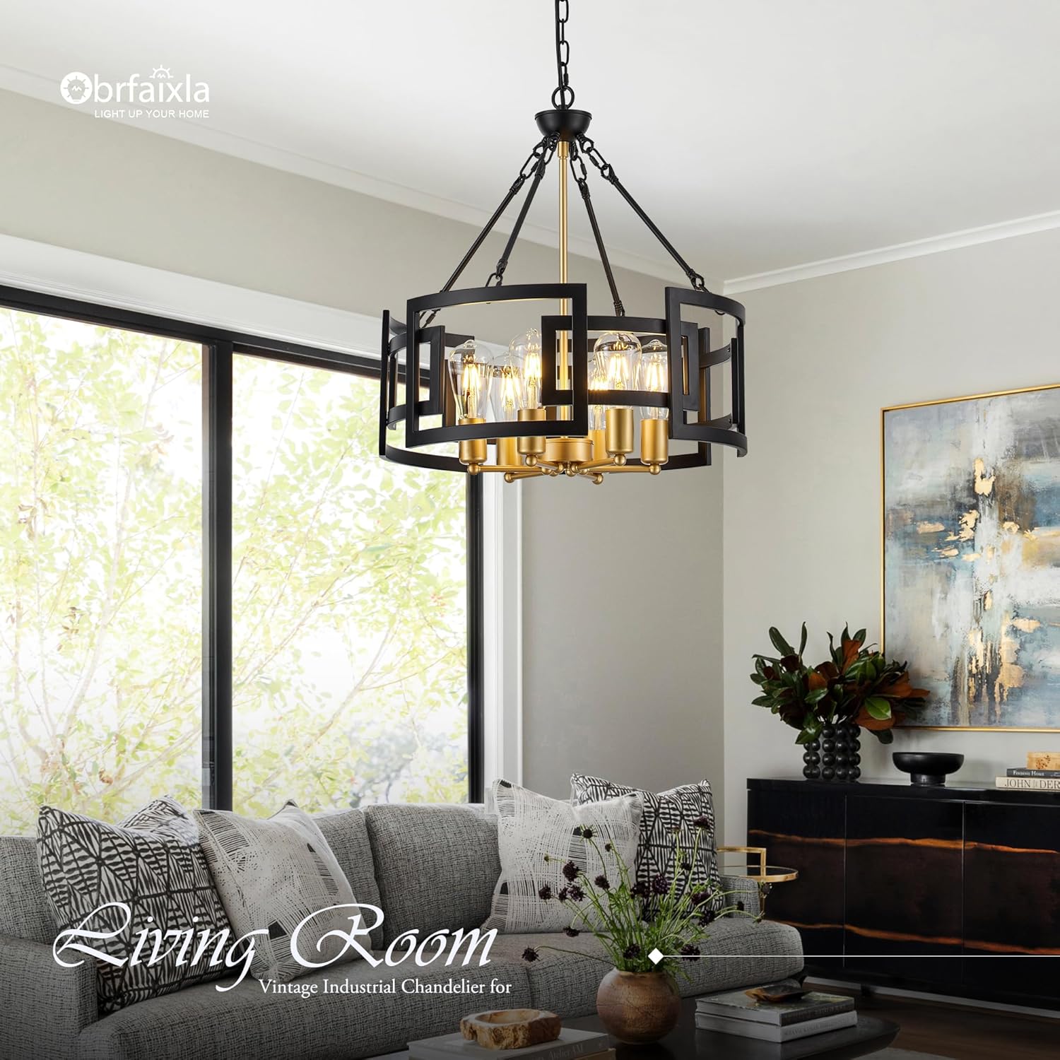 Modern 19.7" Black Gold Chandelier for Dining Room Industrial Vintage Semi Flush Mount 6-Light Round Pendant Ceiling Light Fixture for Kitchen Bedroom Living Room Hallway Entryway Foyer