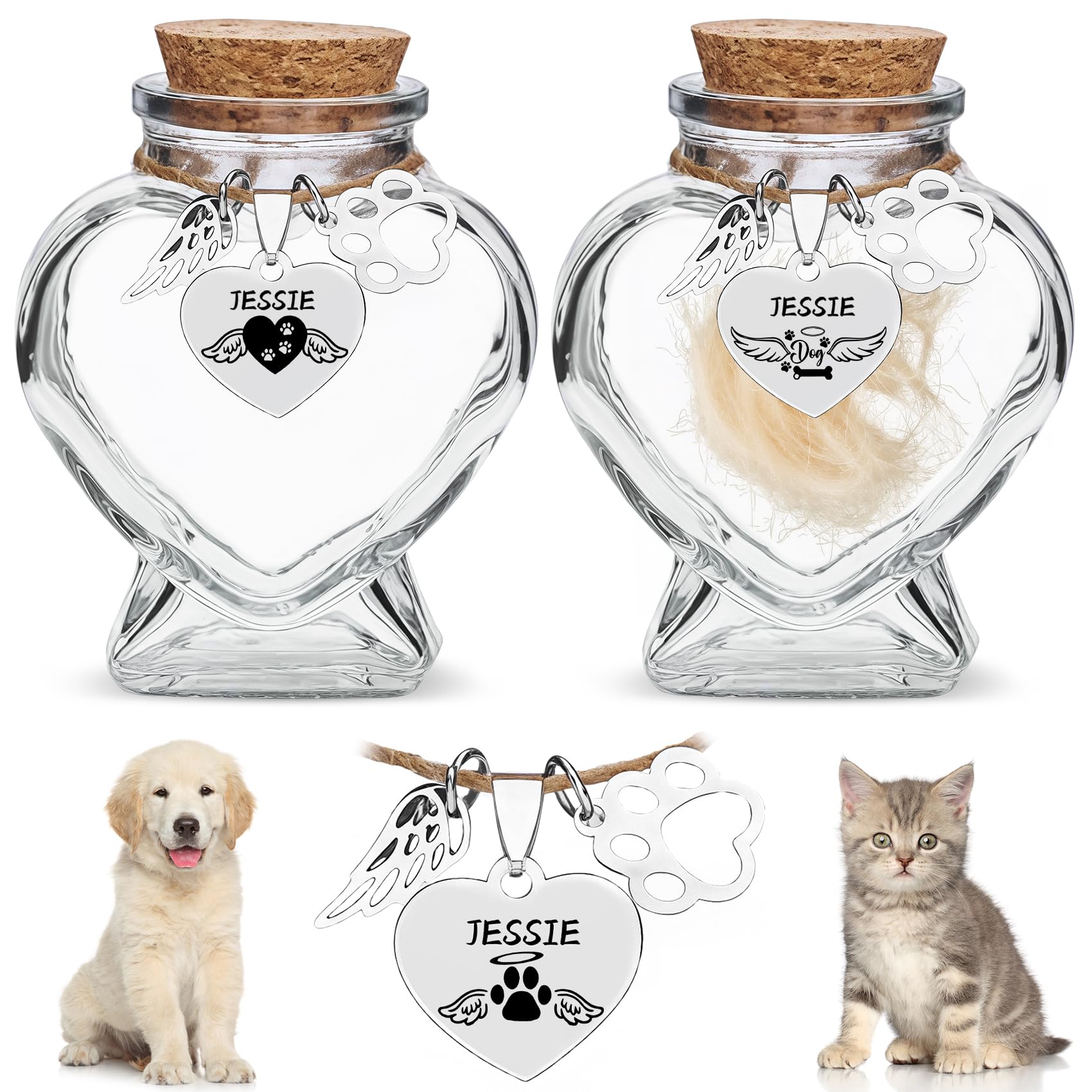 Vebon Personalized Pet Memorial Bottle,Engraved Heart Glass Urn for Dog & Cat Ashes/Fur, Custom Pet Name & Paw Print Keepsake, Pet Loss Memorial Gift for Pet Hair Memorial Keepsake