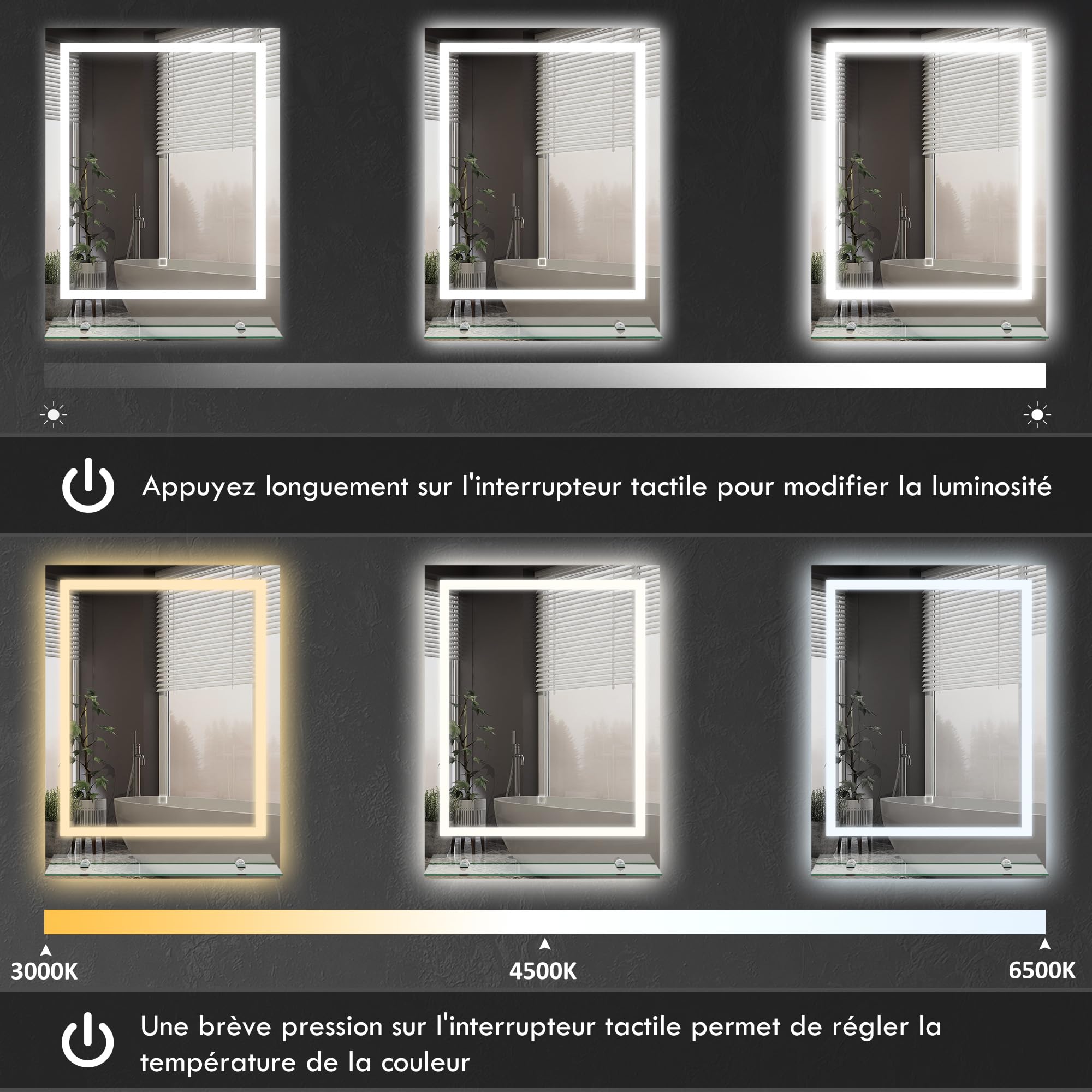 kleankin Miroir Lumineux LED rectangulaire Miroir Mural avec étagère de Salle de Bain 70 x 50 cm luminosité réglable Anti-buée Interrupteur Tactile