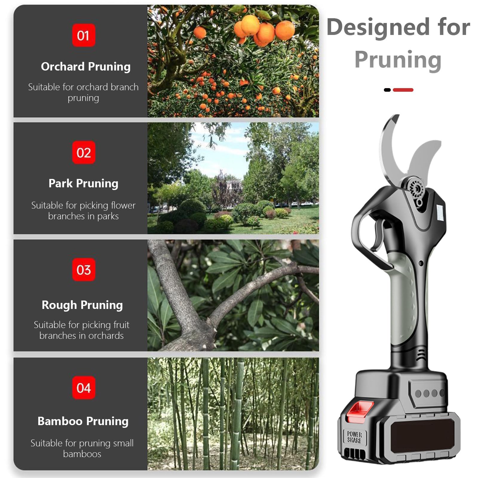 Tijeras de podar eléctricas, cortador de ramas con mango extensible, baterías recargables de 2000 mAh y cuchillas de repuesto, herramienta de jardinería profesional para ramas altas,2Batteries