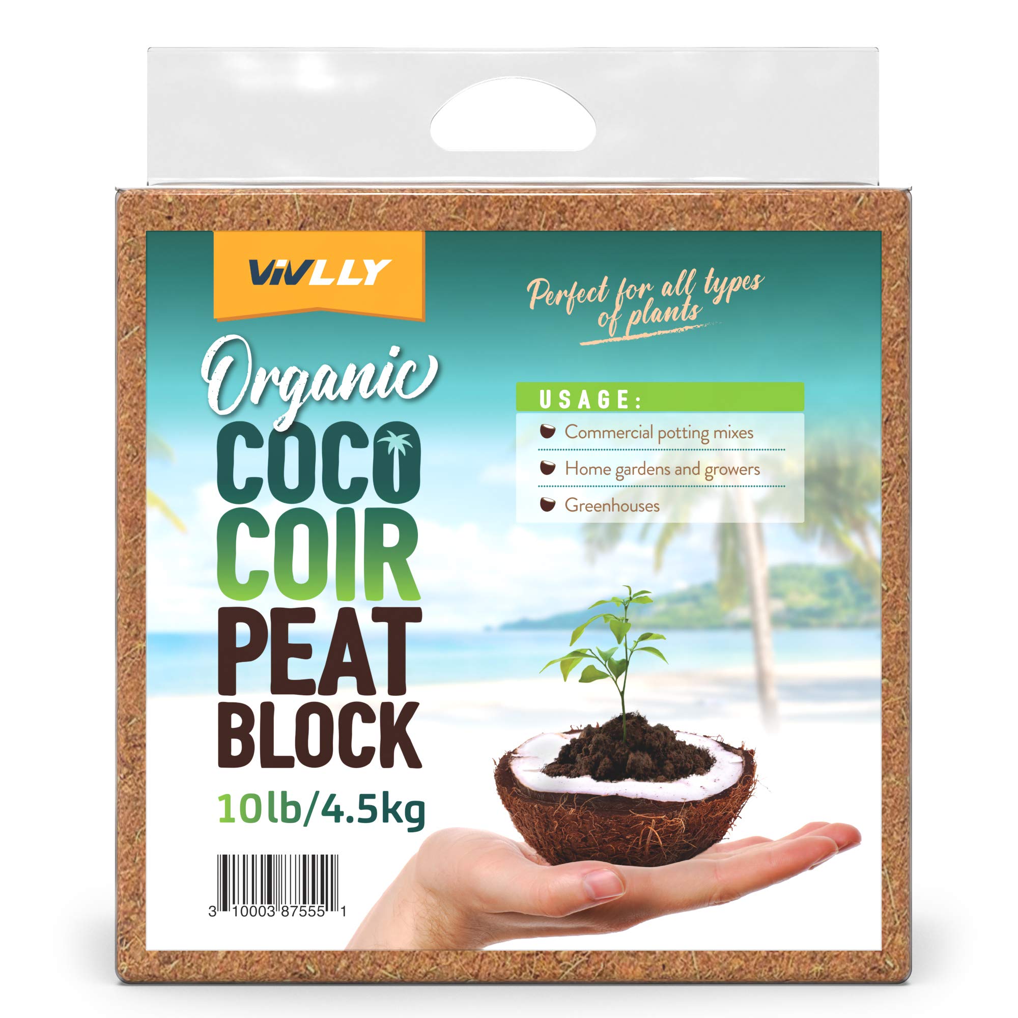 Compressed Coco Coir Block 10 Pounds, Natural Seed Starter with Low EC