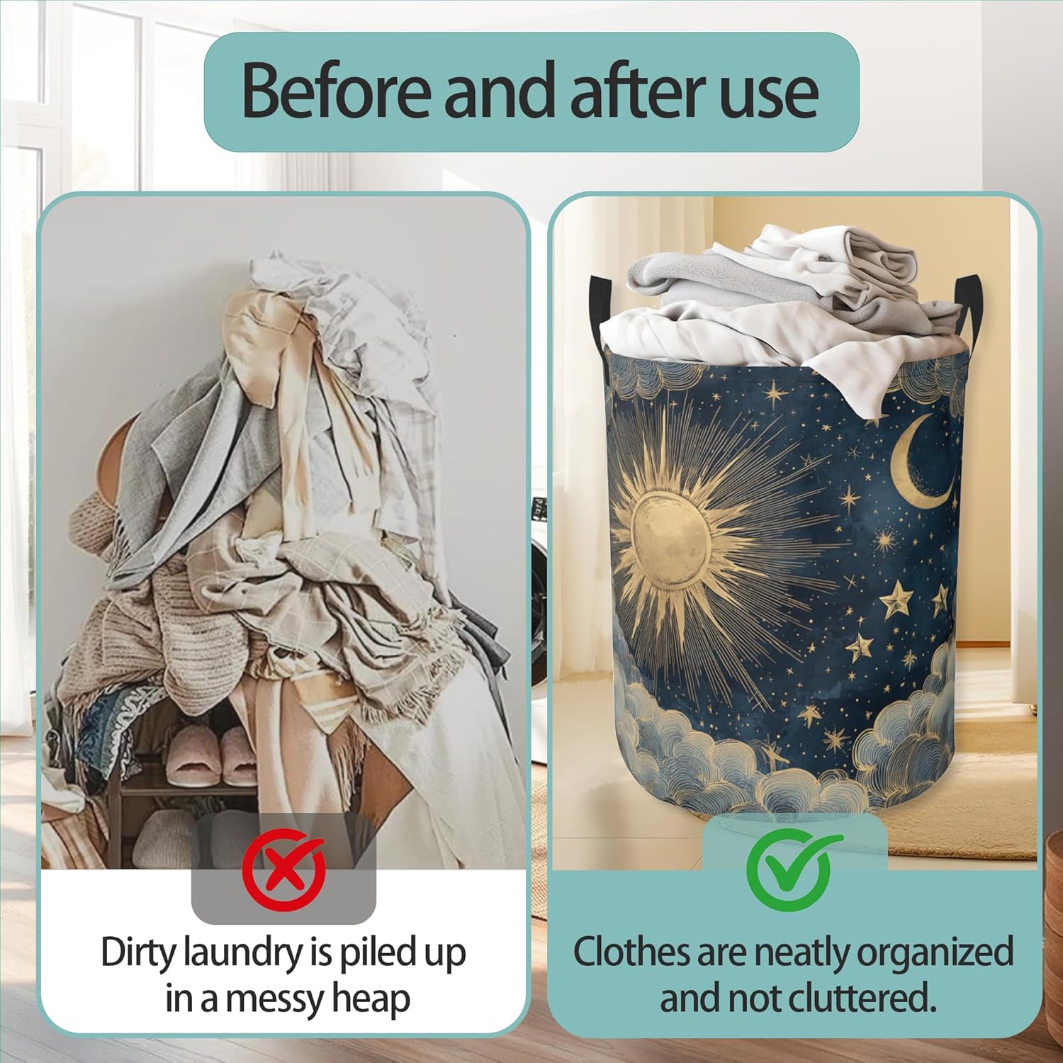 Boho Sun Moon Round Laundry Basket Collapsible Laundry Hamper with Handles Toys Clothes Organizer Bin For Home Bathroom Bedroom Dorm Nursery