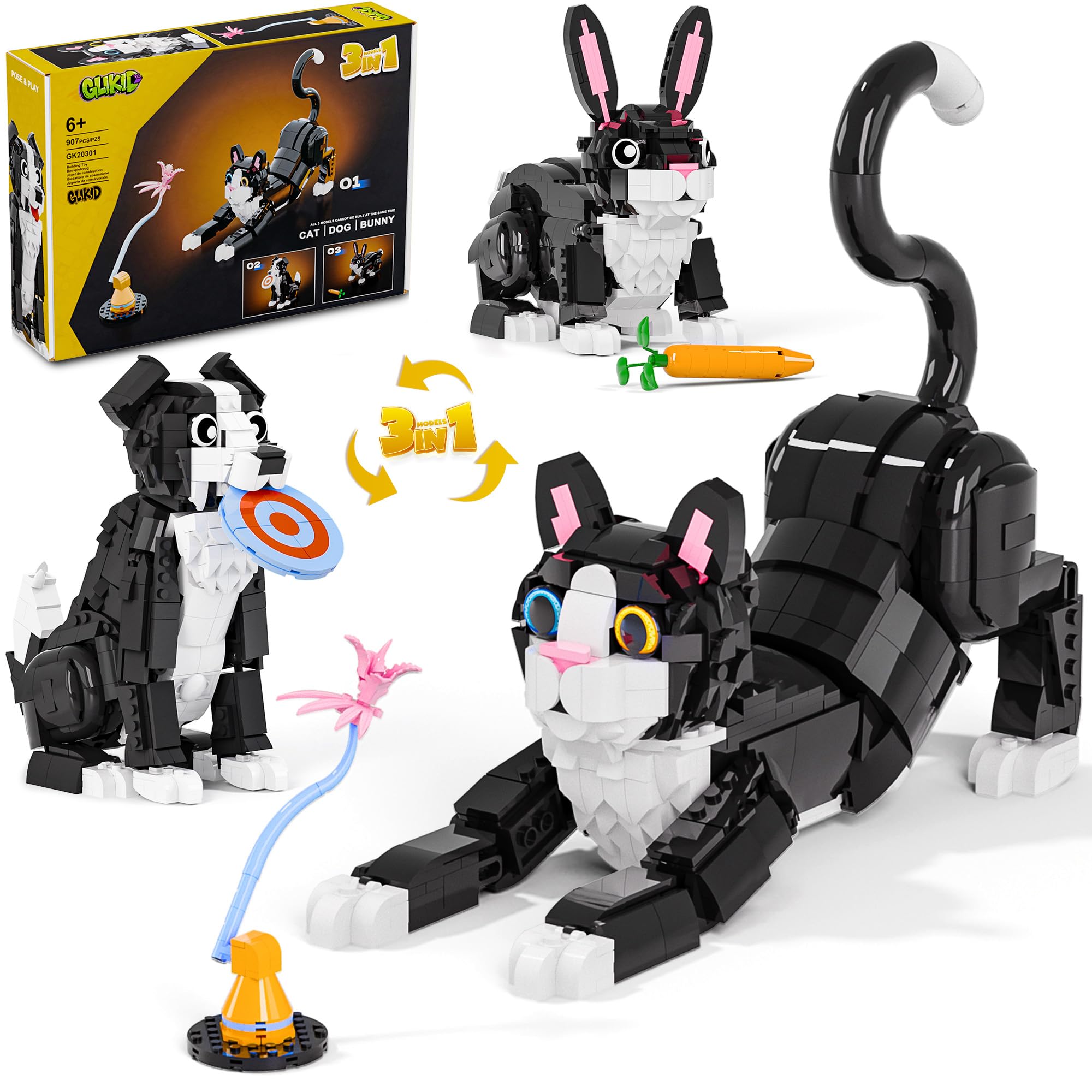 3 in 1 Animal Tuxedo Cat Building Set - Animal Figurines with 3 Building Options into Cat, Dog, or Rabbit - Learning Toy, Birthday Gift for Kids, Girls & Boys Ages 6+