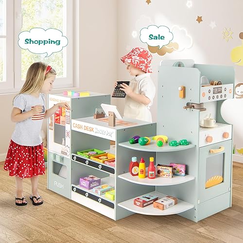 Miniatura 7 de HONEY JOY Juego de tienda de comestibles para niños, tienda de juegos de madera con cafetera y máquina expendedora, soporte de supermercado para