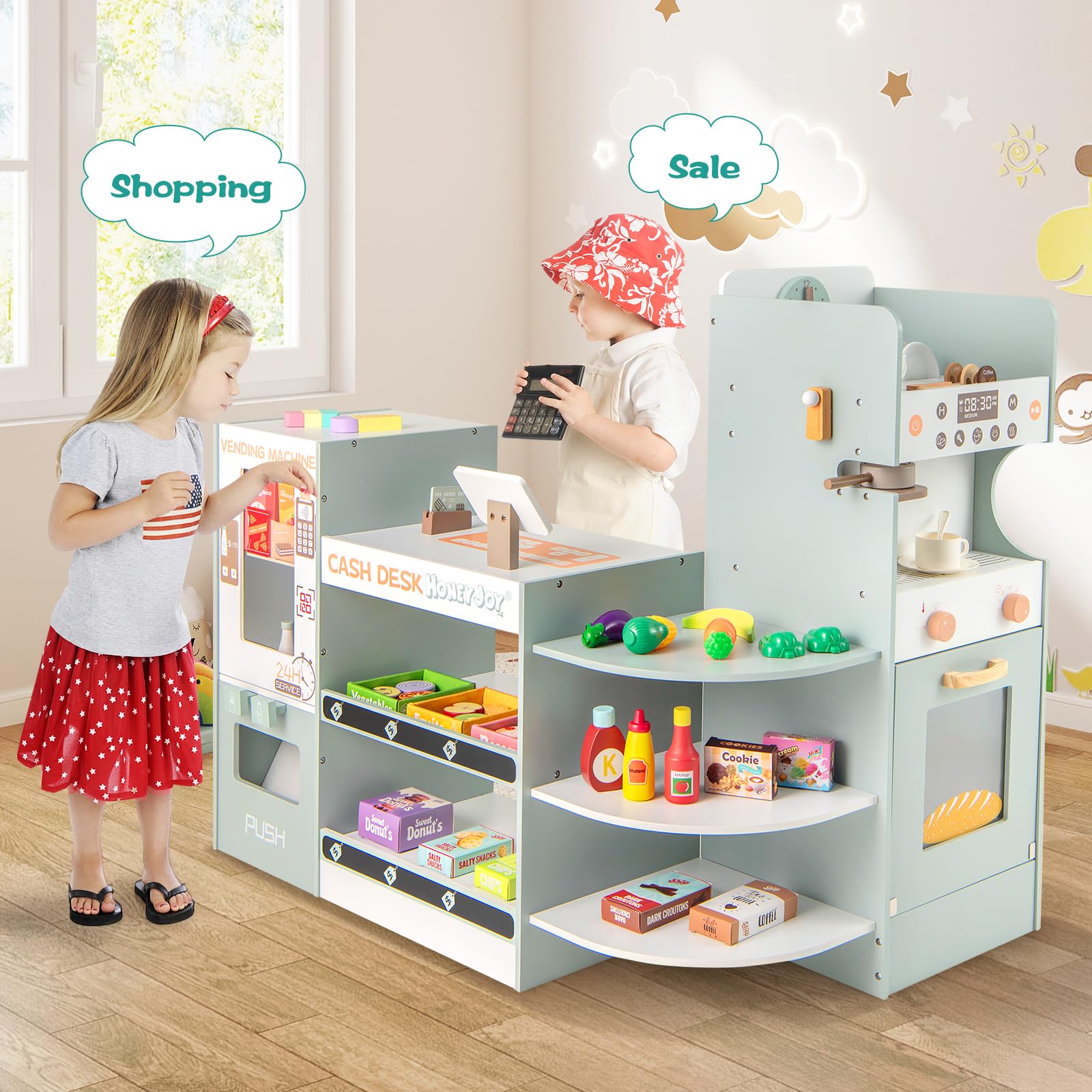 HOMASIS Supermarkt Spielset mit 30 Zubehör, Holz Kaufladen mit Kasse, POS, Scanner, Verkaufsautomat, Tafel, Kaffeemaschine, Ofen, Kaufmannsladen Verkaufsstand Einkaufsladen für Kinder ab 3 Jahren