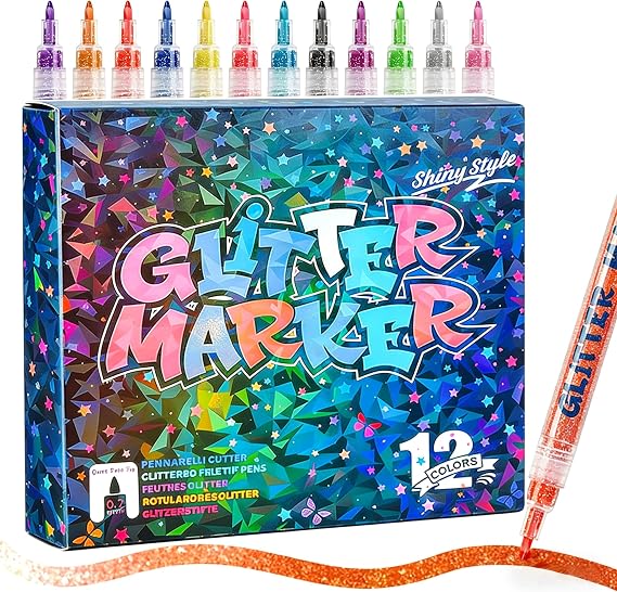 12 PCS Glitter Markers for Coloring, Ceramic,Wood, Rock Painting, Scrapbooking, Fabric, Writing, Card, DIY Crafts Coloring Books Metallic Sparkle Pen Glitter Colors Paint Pens Shimmer Markers
