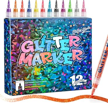12 PCS Glitter Markers for Coloring, Ceramic,Wood, Rock Painting, Scrapbooking, Fabric, Writing, Card, DIY Crafts Coloring Books Metallic Sparkle Pen Glitter Colors Paint Pens Shimmer Markers