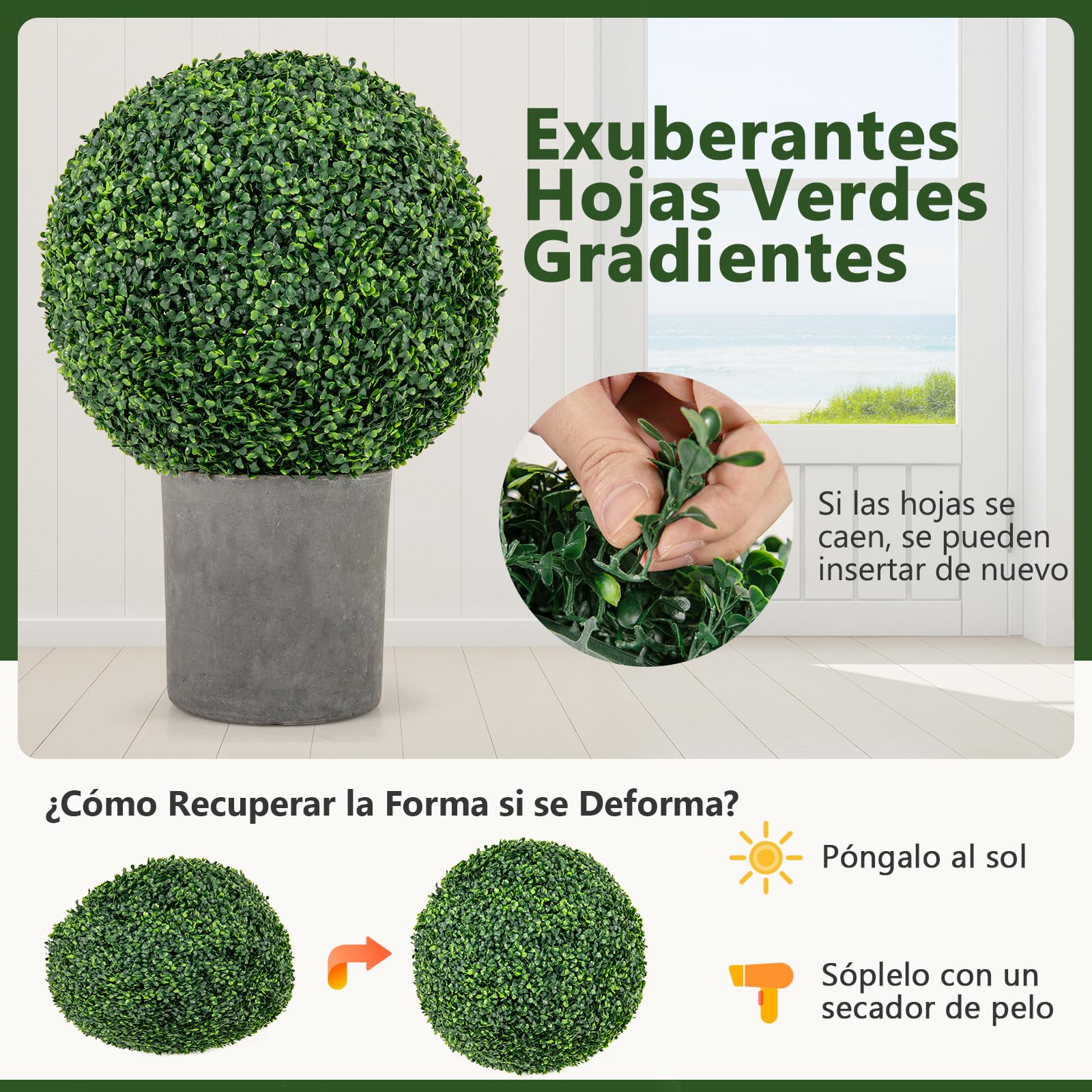 Giantex Juego de 2 Bolas de Topiario Artificial, Plantas Esféricas Falsas de 50 cm, Arbustos Verdes Redondos Resistente al Sol, Bolas Decorativas para Jardín, Patio, Boda
