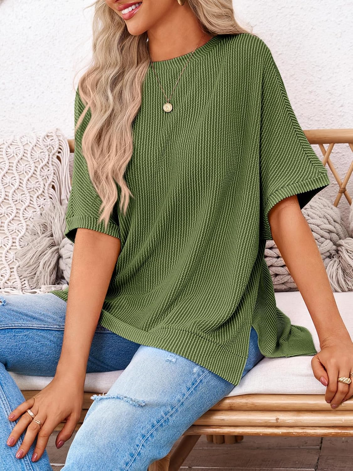 Tankaneo Womens Oversized T Shirts Summer Casual Ribbed Batwing Short Sleeve Tunic Tops Loose Fit Dolman Sleeve Tees - Image 4