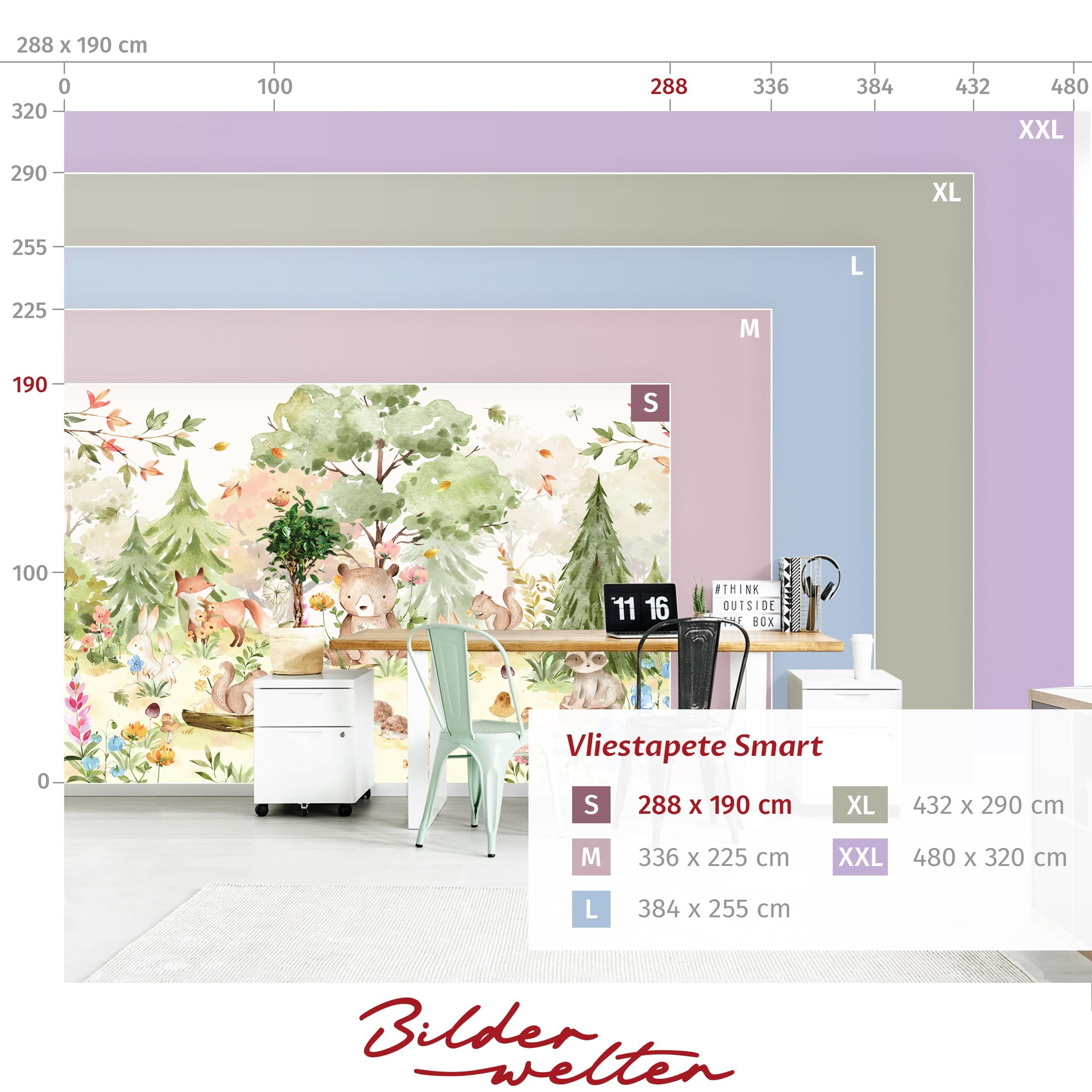 Bilderwelten Fototapete Babyzimmer Aquarell Waldtiere 190x288 cm Vlies-Tapete XXL Smart Wandtapete Wanddekoration Kinder Kinderzimmer