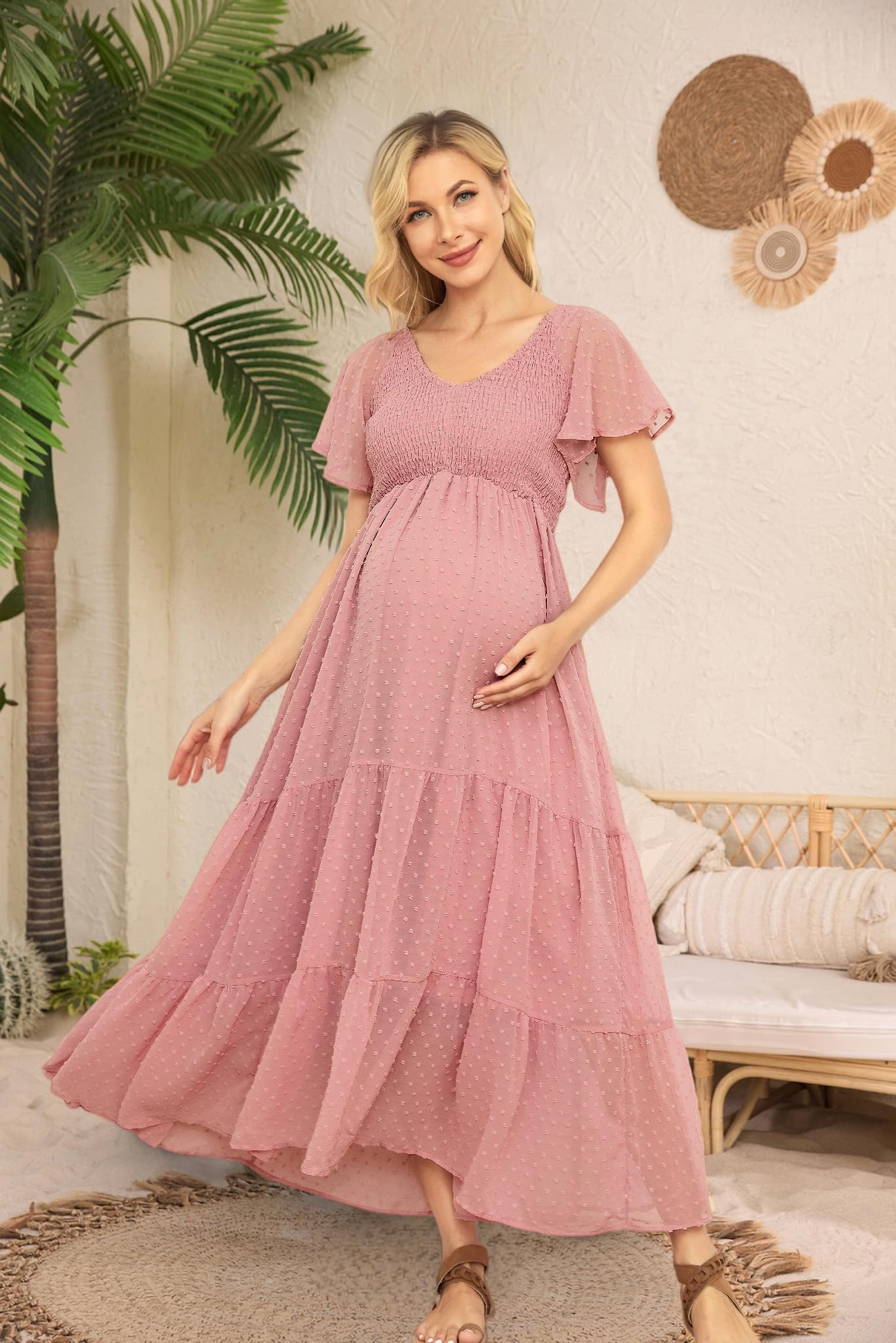 guruixu Swiss Dot Robe de maternité, col en V, Manches à Volants, pour séance Photo, fête prénatale, Robe de Grossesse smockée
