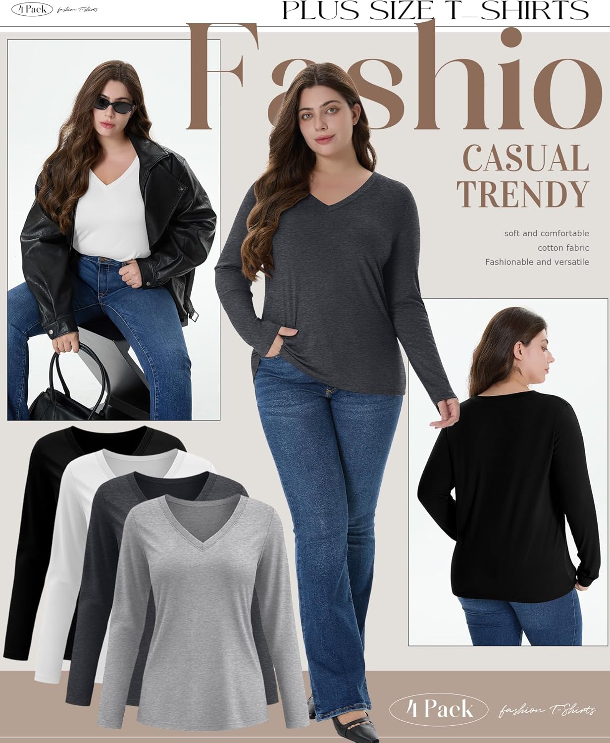 4 Pack Women's Plus Size Shirts, Long Sleeve V Neck Basic Tops Casual Loose Fit T Shirts Blouses Multipack - Image 3