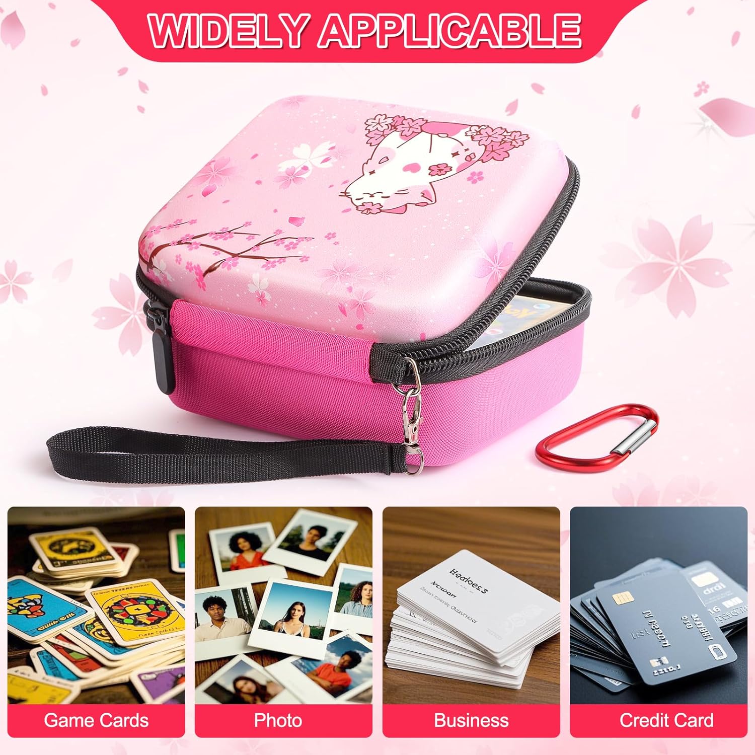 CLOKORIA Travel Carrying Case for Trading Cards with 200 Counts Card Sleeves,Pink Hard-Shell Storage Box fits Magic MTG Cards and PTCG (Sakura Cat, 400 Card Capacity)