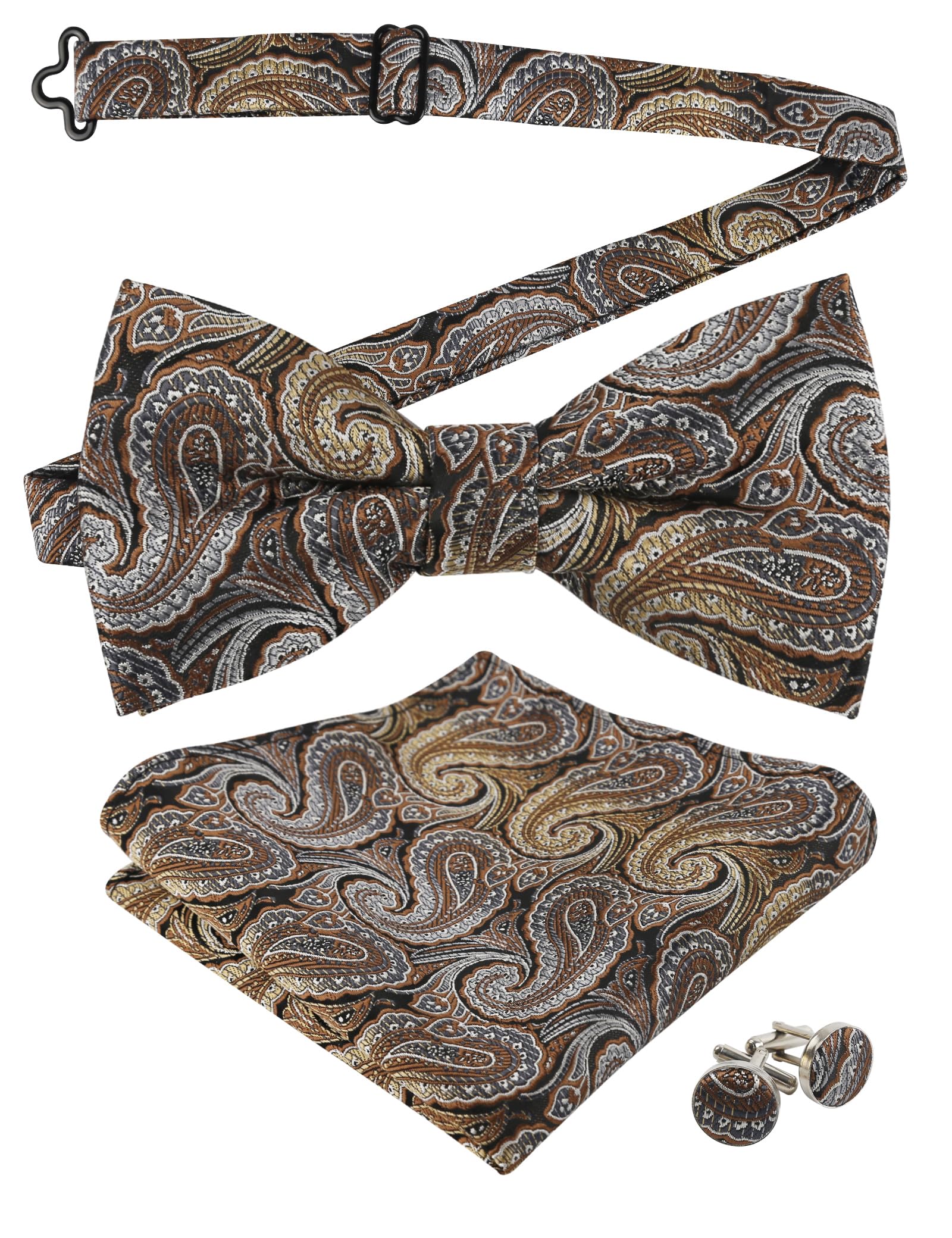 Alizeal Mens Paisley Bow Tie, Pocket Square, Cufflinks Set