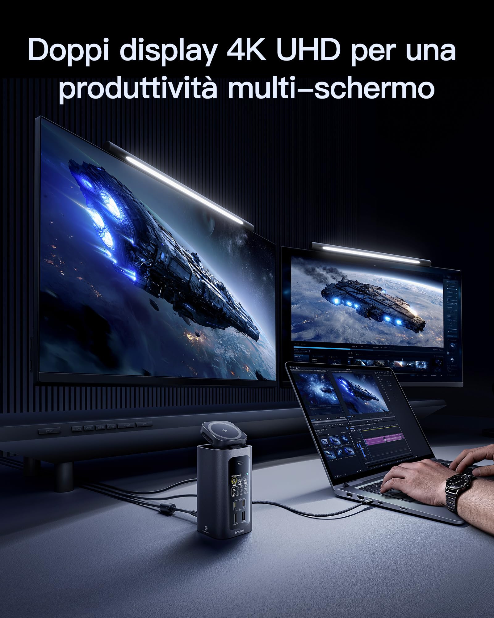 Baseus Spacemate RD1 Pro 15 in 1 Docking Station 2 Monitor per Window | Alimentatore GaN 180W, Uscita 160W 4 Dispositivi, 25W Qi2.2 Wireless, Display Intelligente, HDMI 4K@120Hz , 10Gbps USB-C/A