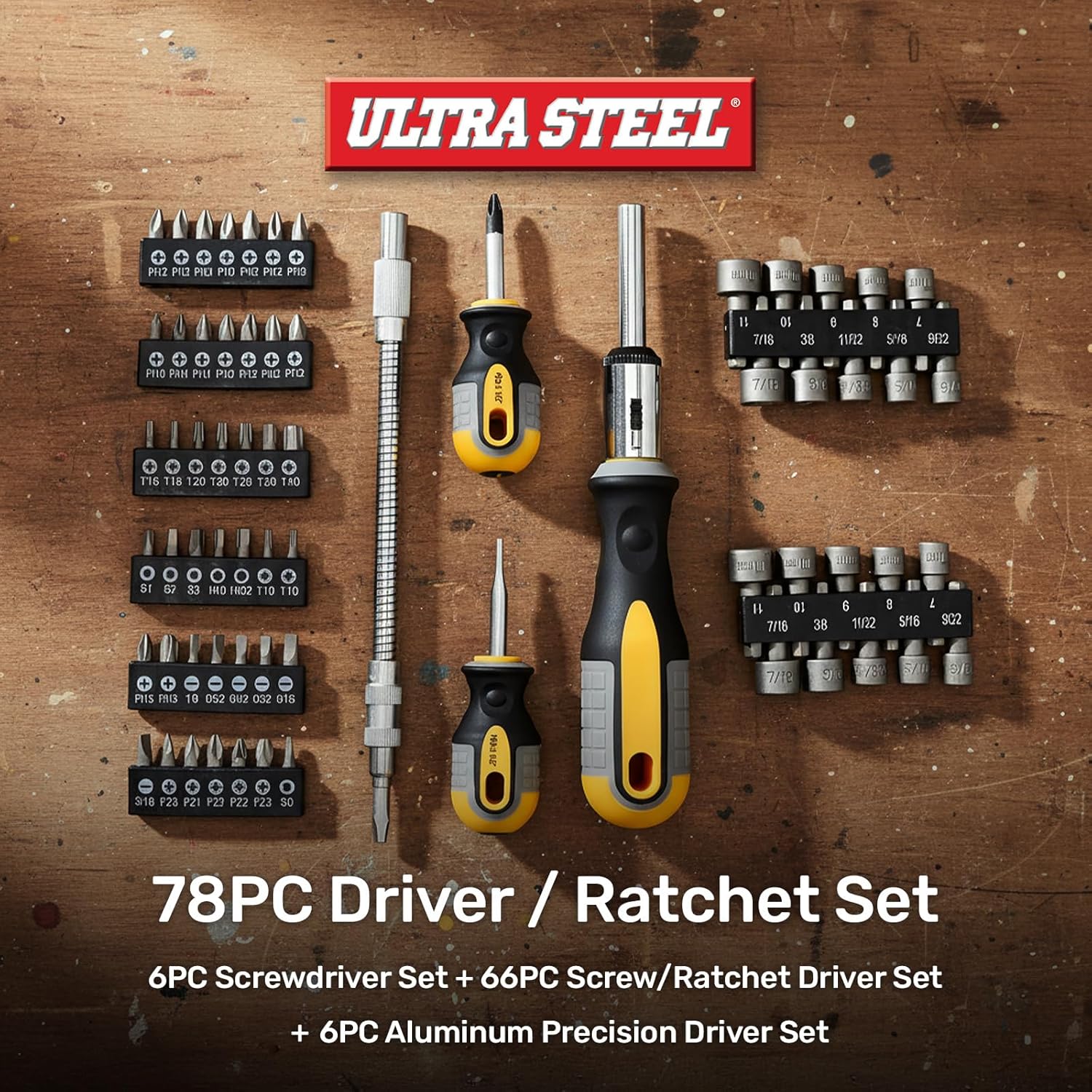 78 Piece Screwdriver Set with Ratchet, Nut Driver, Precision Drivers, Magnetic Heat Treated, Wall Mount Rack, Phillips Slotted Square Hex Star